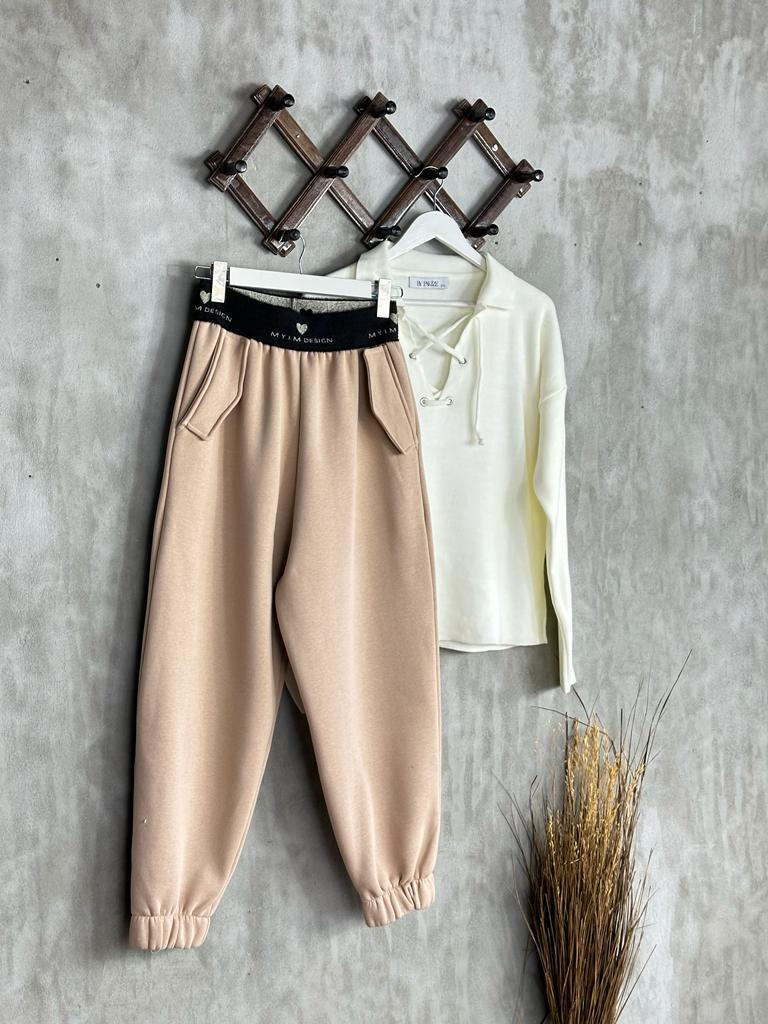 Keçe Kumaş Lastik Kemerli Şardonlu Eşofman (Camel)