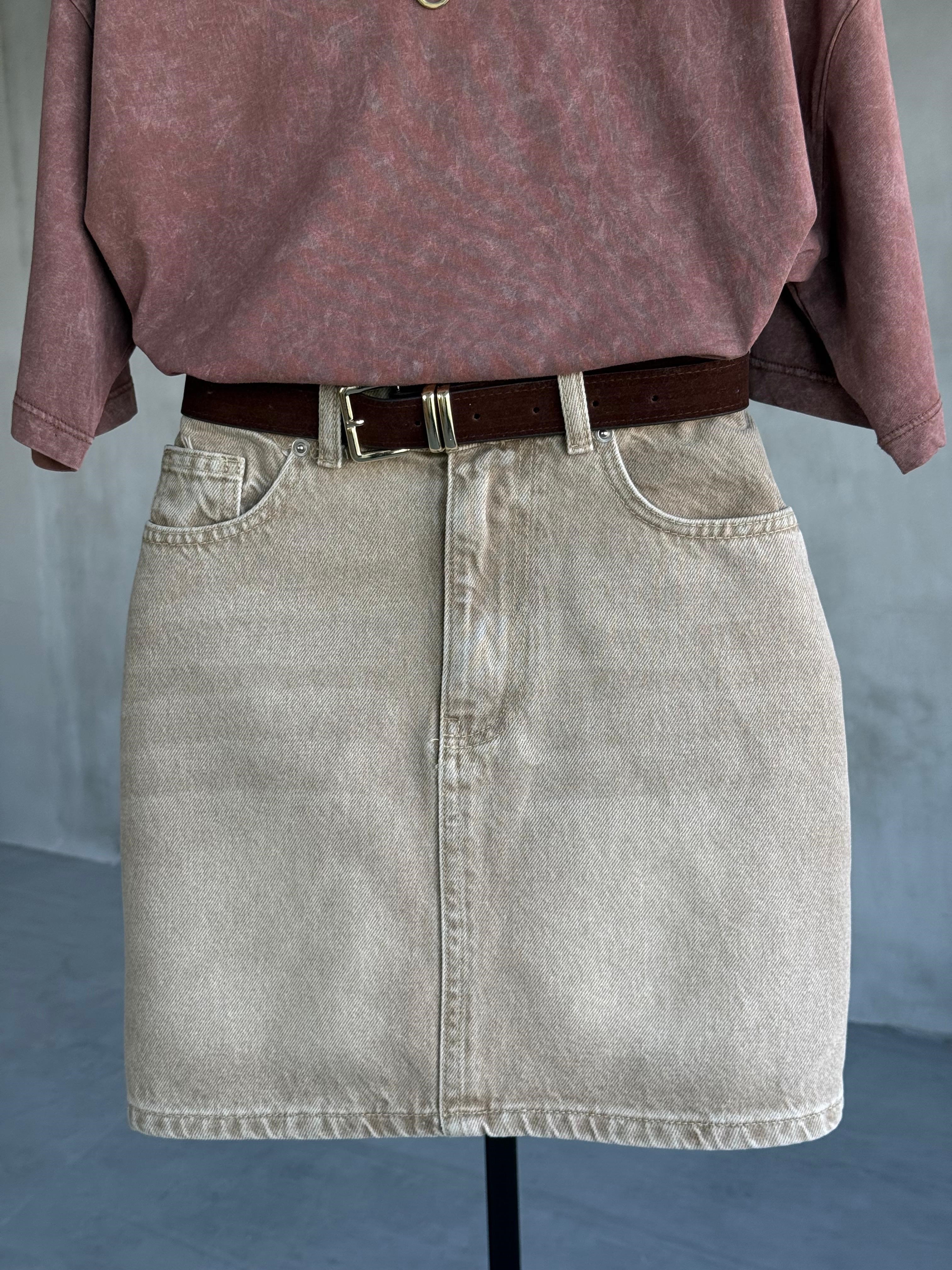 Kemerli Mini Kot Etek (Bej)