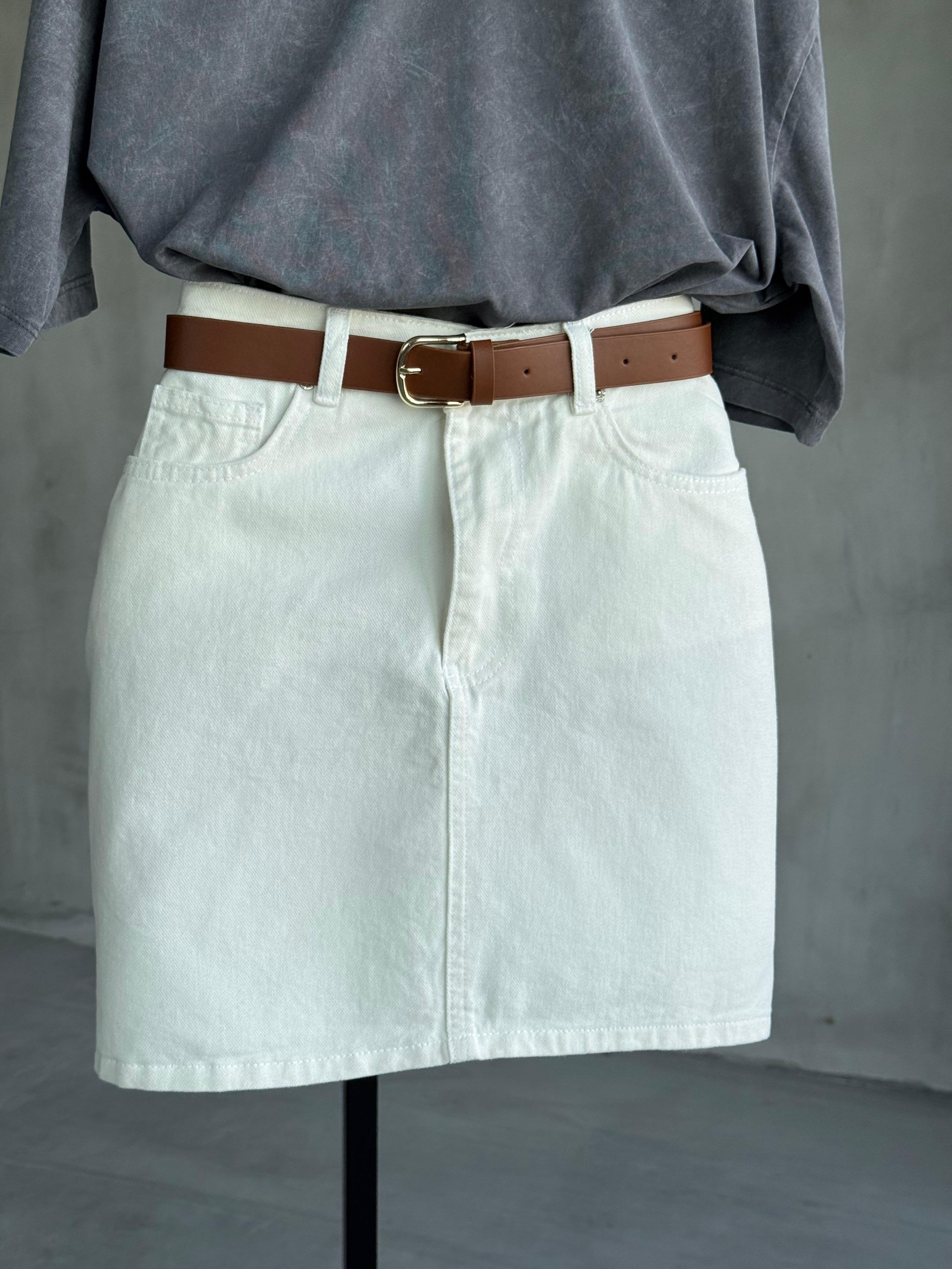 Kemerli Mini Kot Etek (Beyaz)