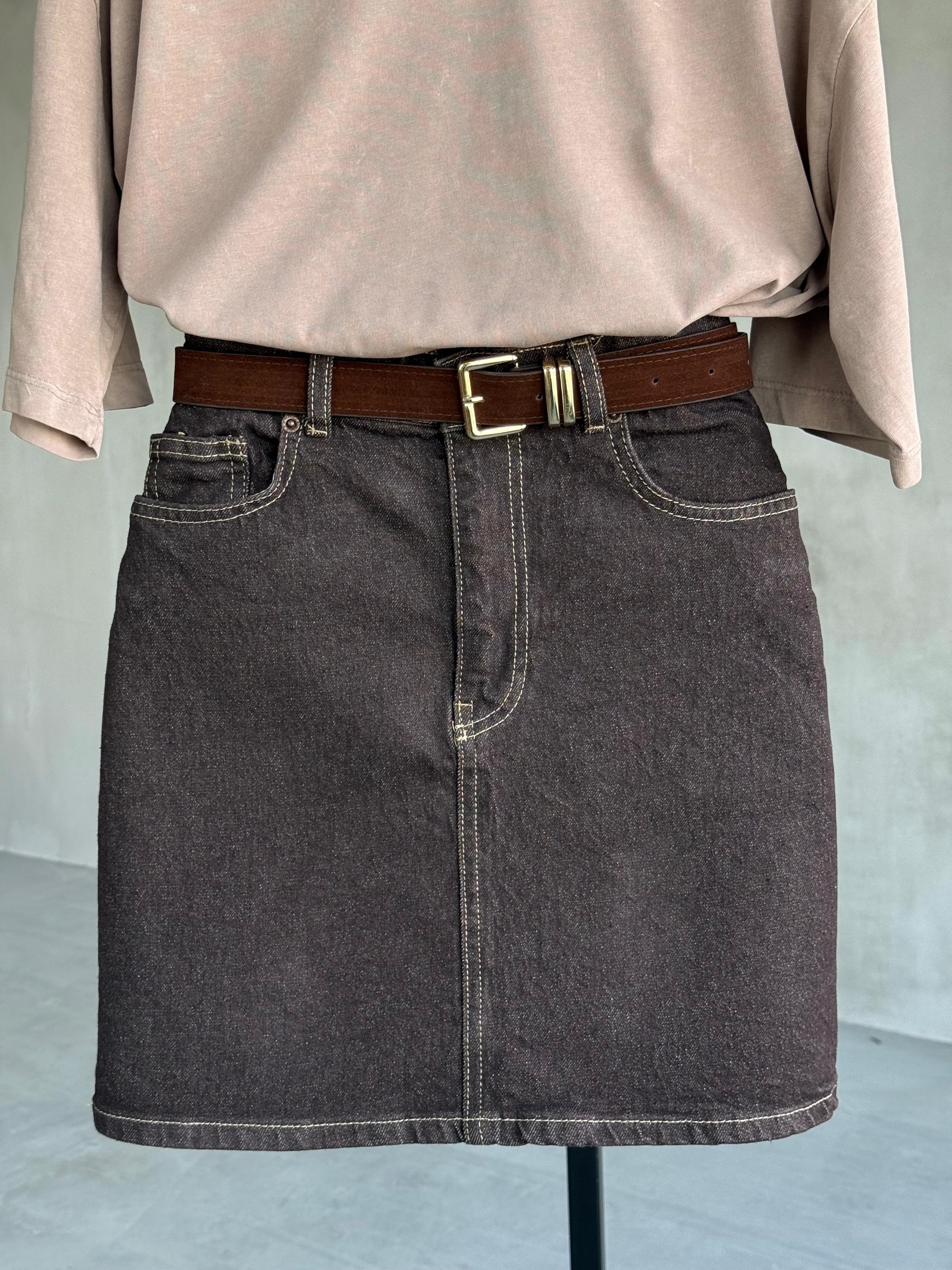 Kemerli Mini Kot Etek (Kahve)