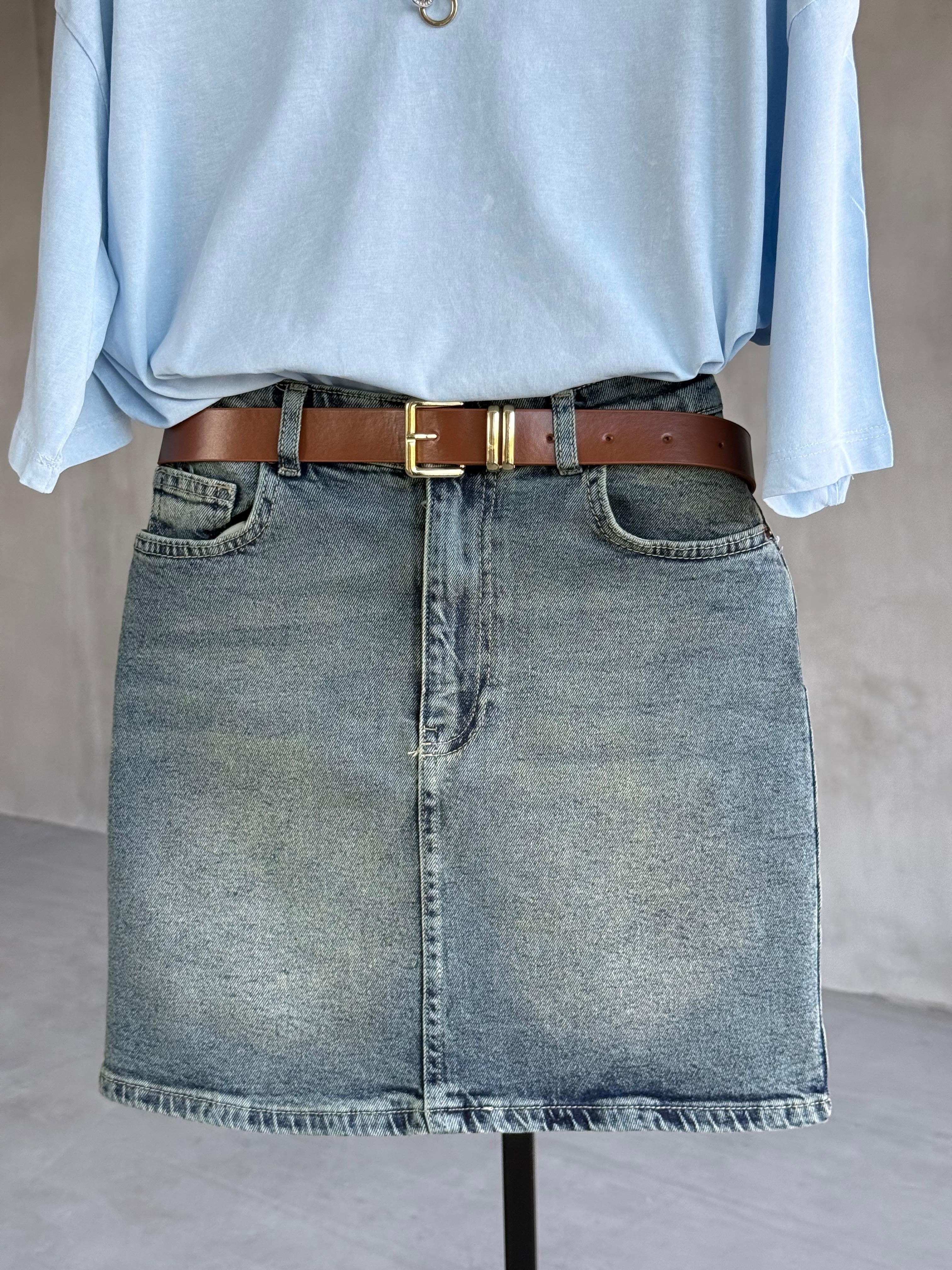 Kemerli Mini Kot Etek (Mavi)