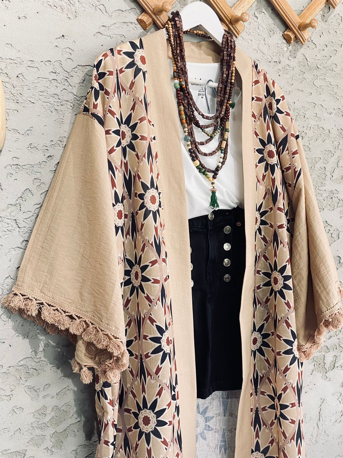 keten kolu püskül çiçek motifli kimono