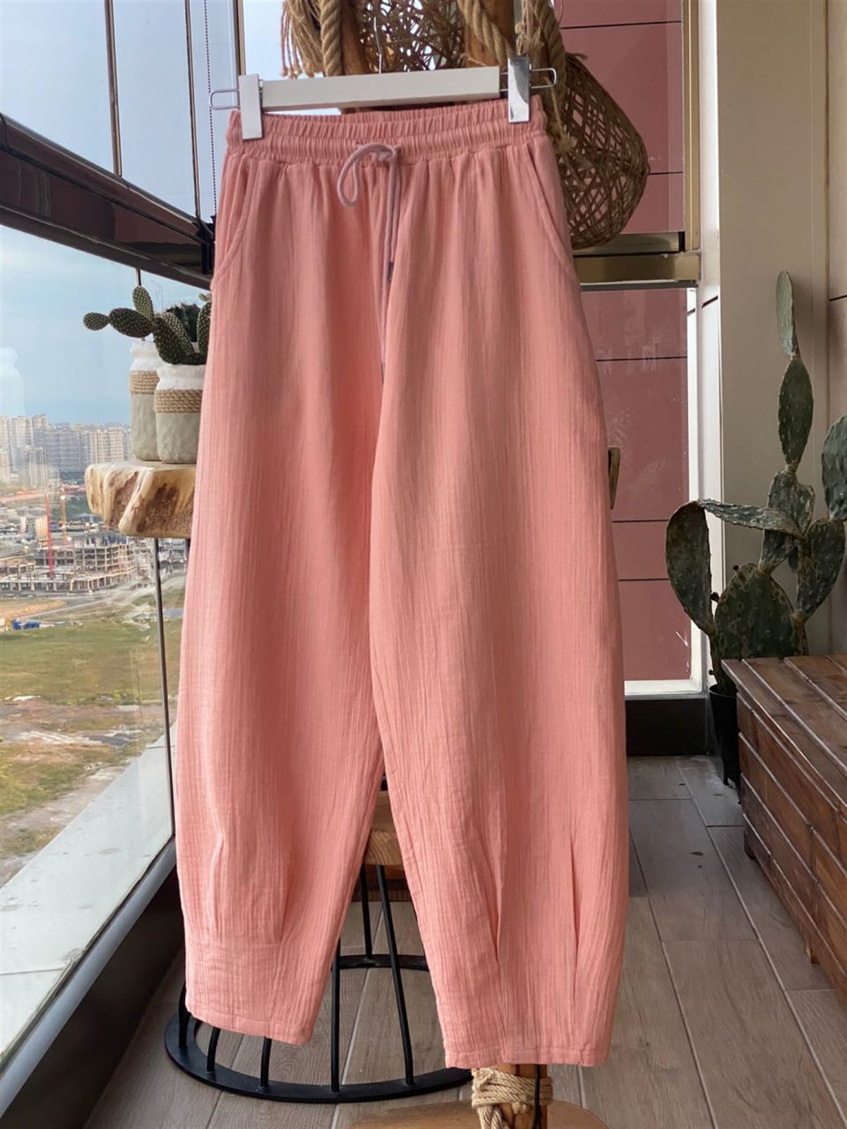 Keten Kumaş Yüksek Bel Pantolon (Somon)