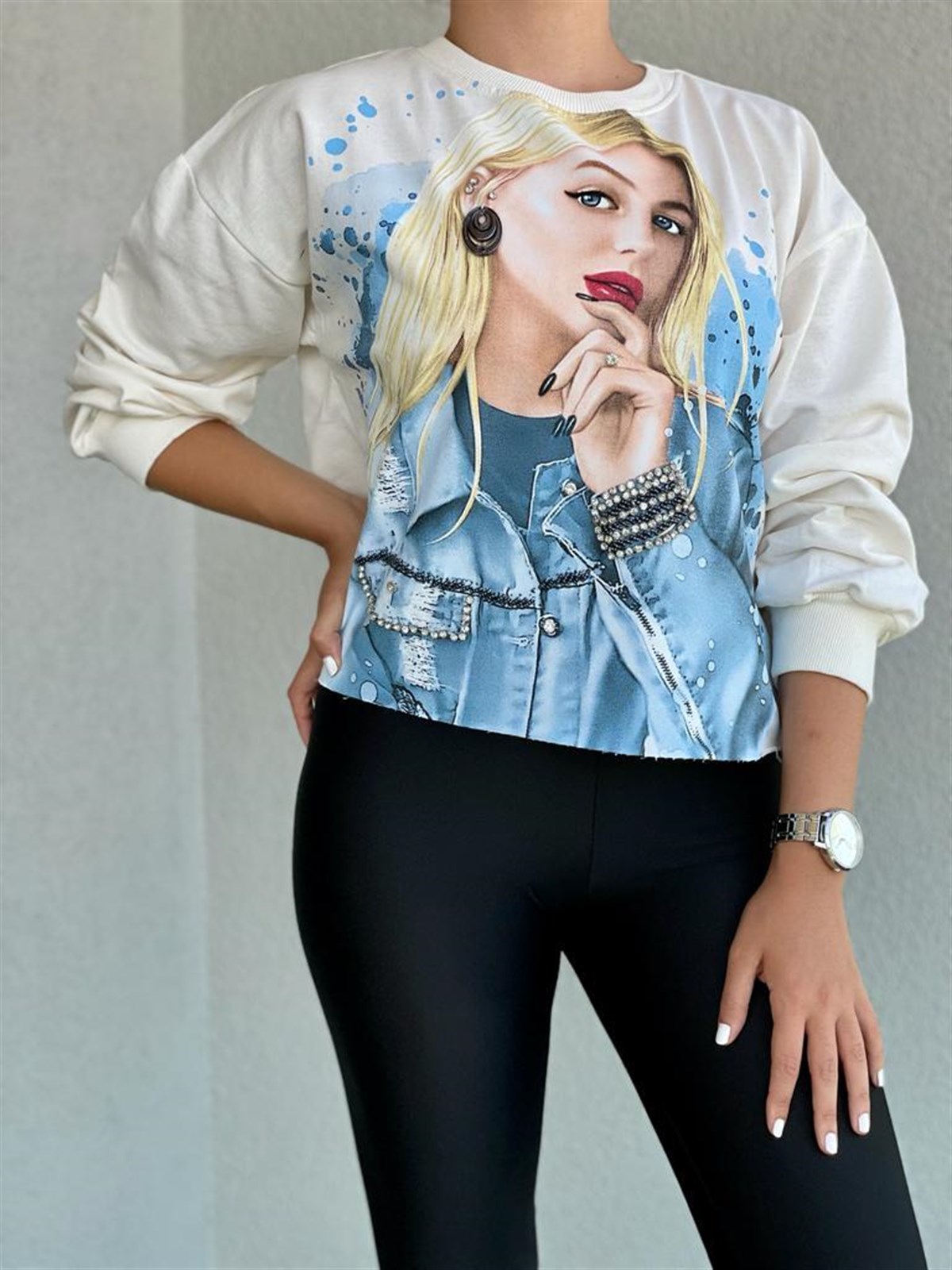 Kız Baskılı Taş İşçilikli Sweat (Siyah&Ekru)
