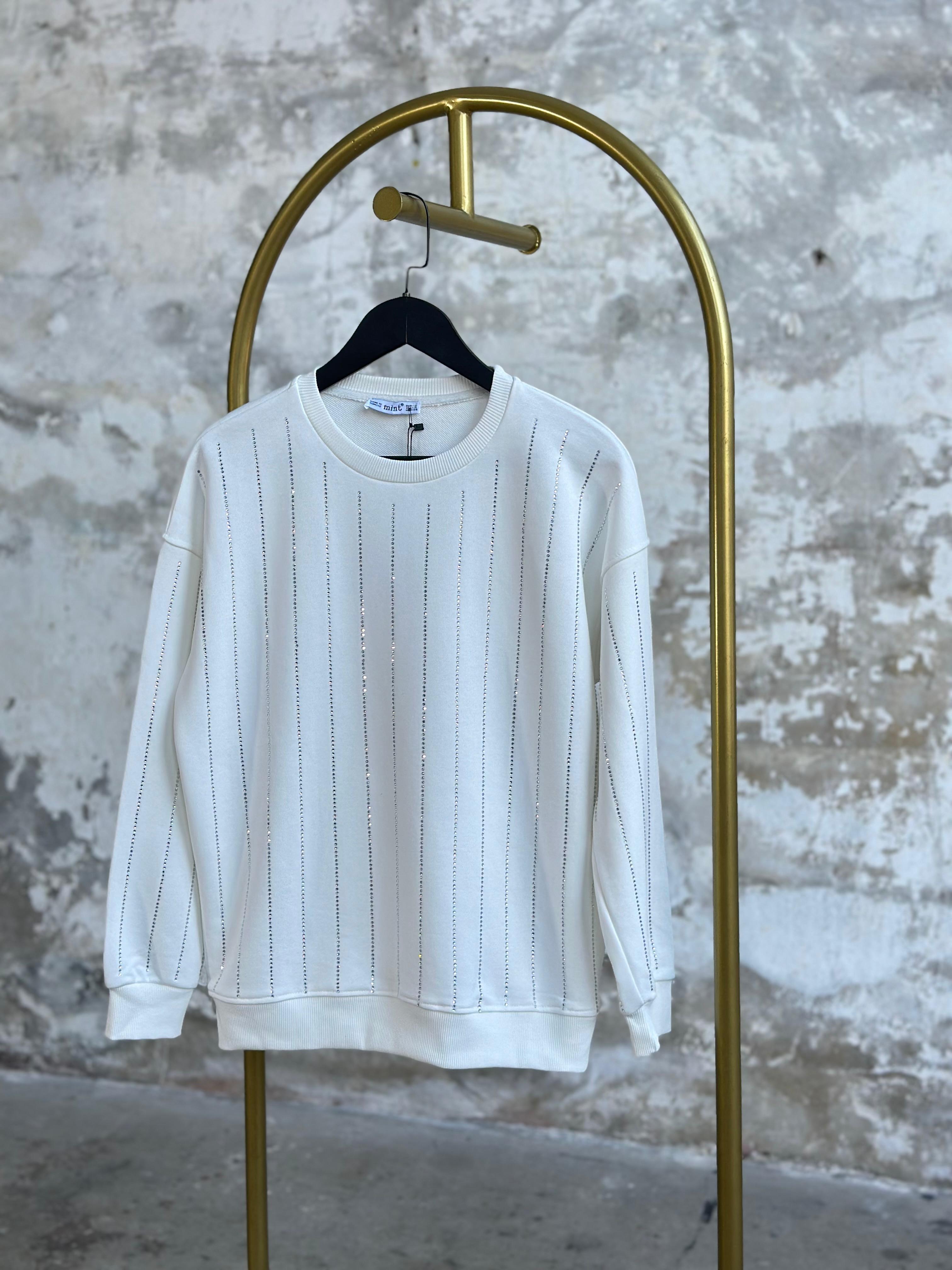 Kristal Sıra Taş İşçilikli Sweat (Beyaz)