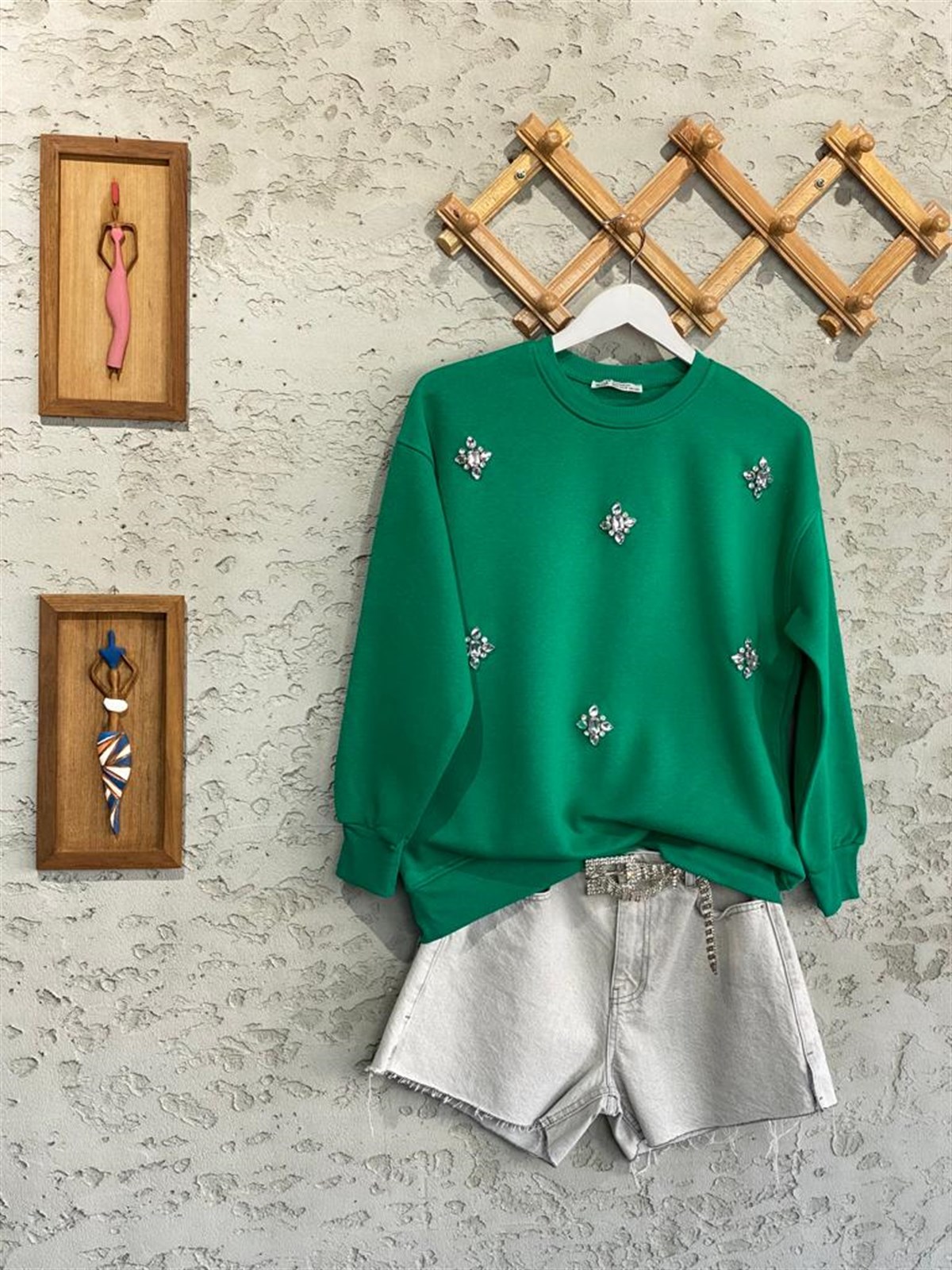 Kristal Taş İşçilikli Şardonlu Sweat (Zümrüt Yeşili)