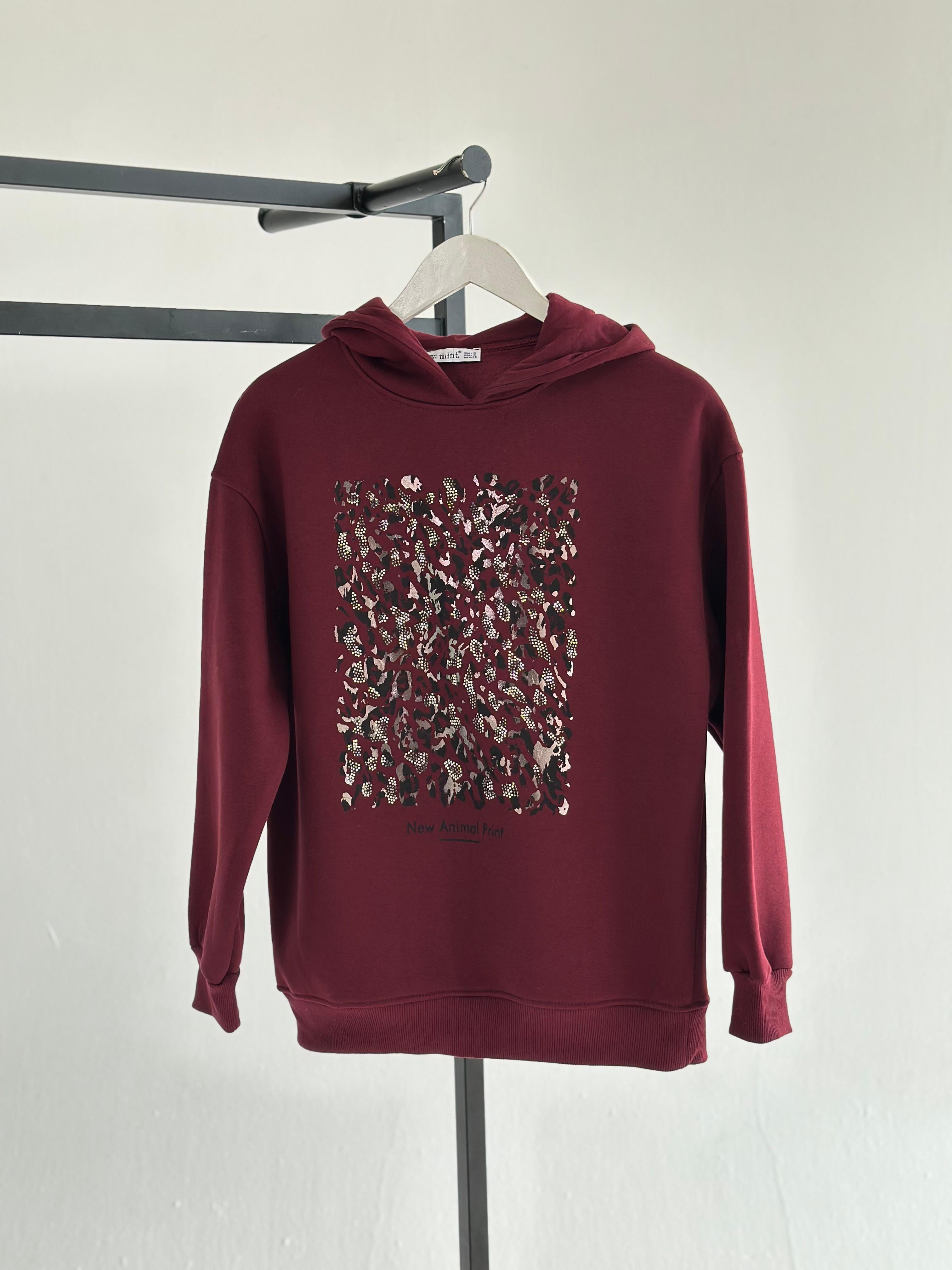 Kristal Taş Ve Varak Baskılı Kapüşonlu Sweat (Bordo)
