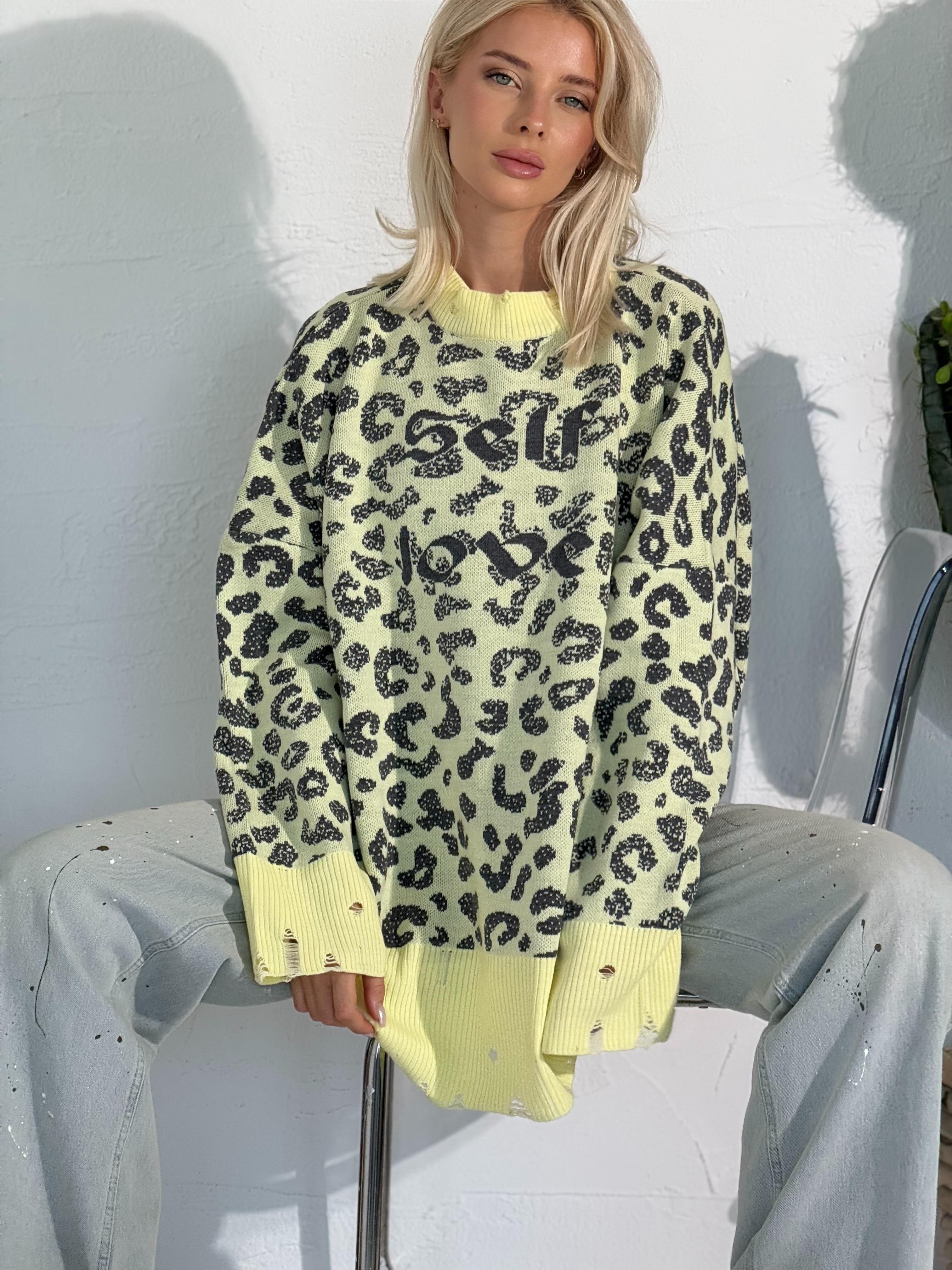 Leopar Desen Yırtık Detaylı Triko Kazak (Sarı)