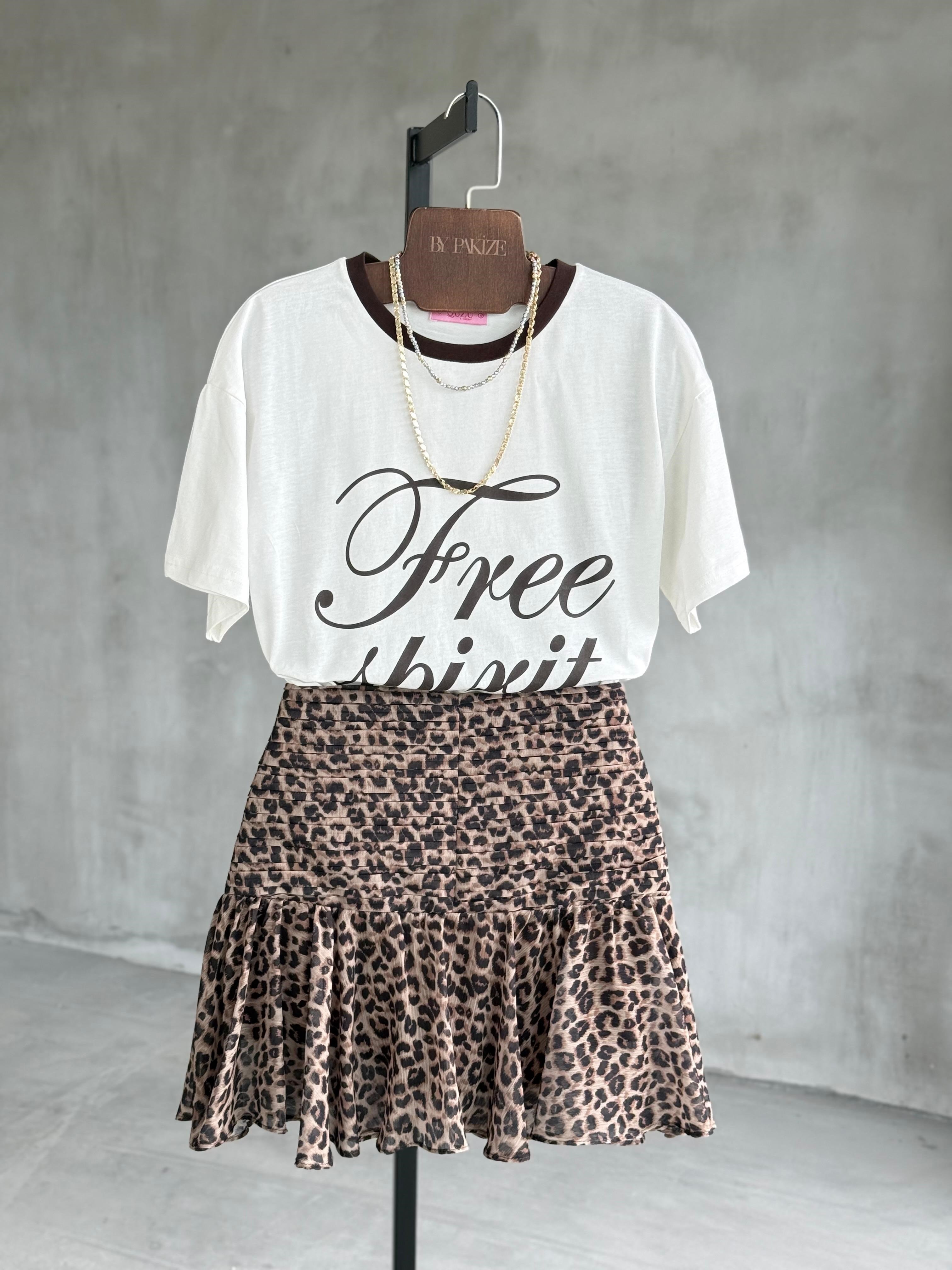 Leopar Desenli Fırfırlı Şifon Mini Şortlu Etek (Kahve)
