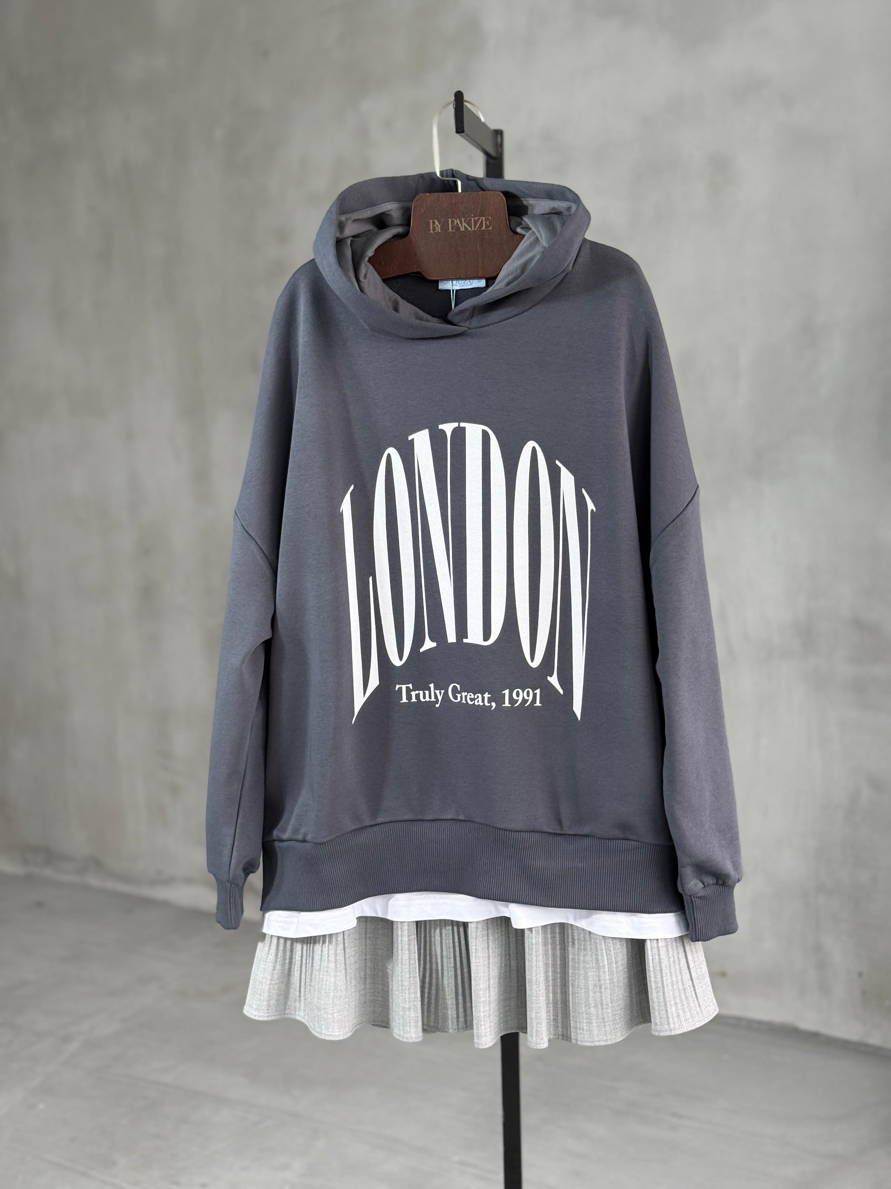 London Yazı Baskılı Tişört Detaylı Sweat (Füme)