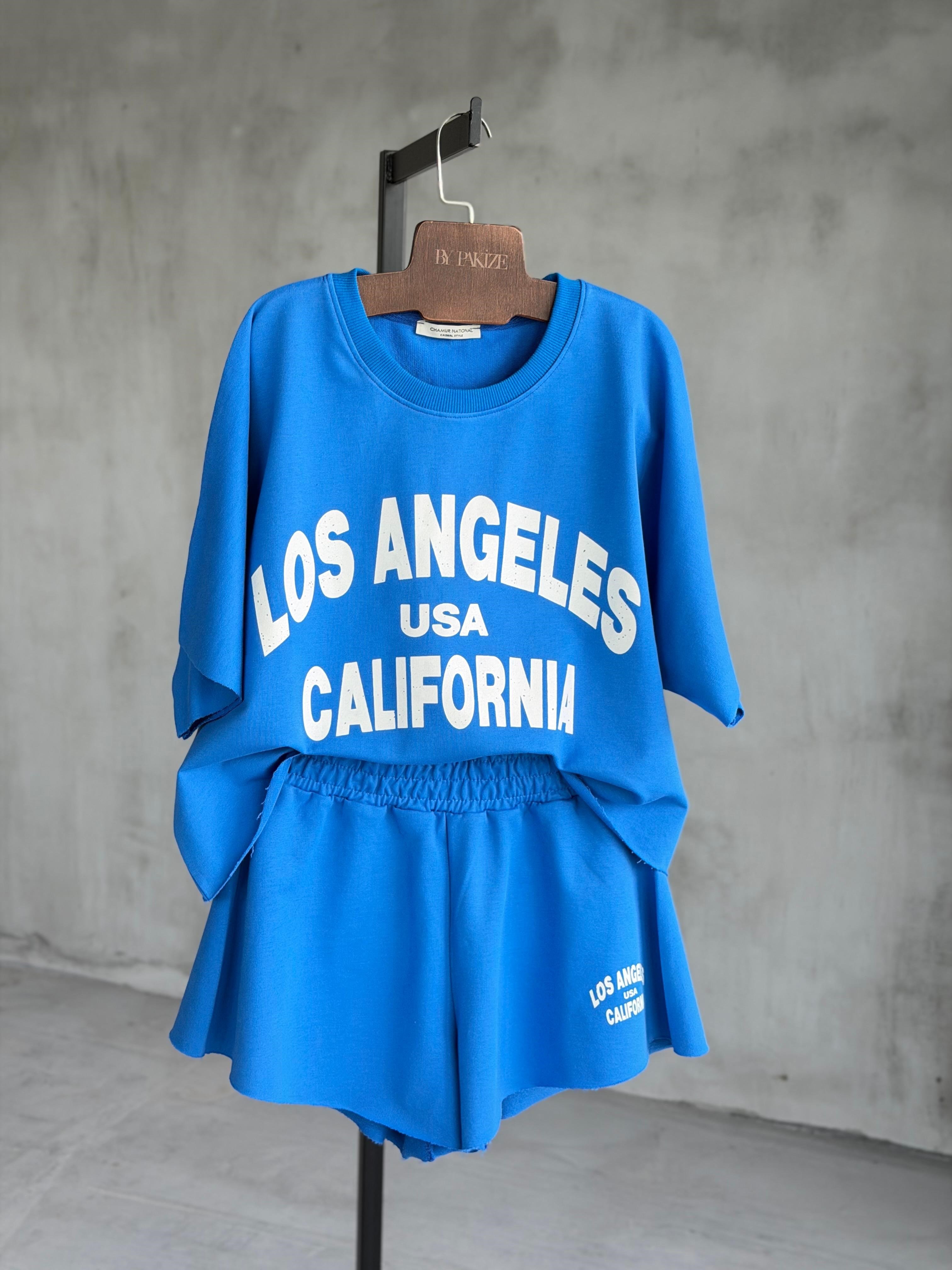 Los Angeles Yazı Baskılı Taş Yıkamalı Oversize Takım (Saks)