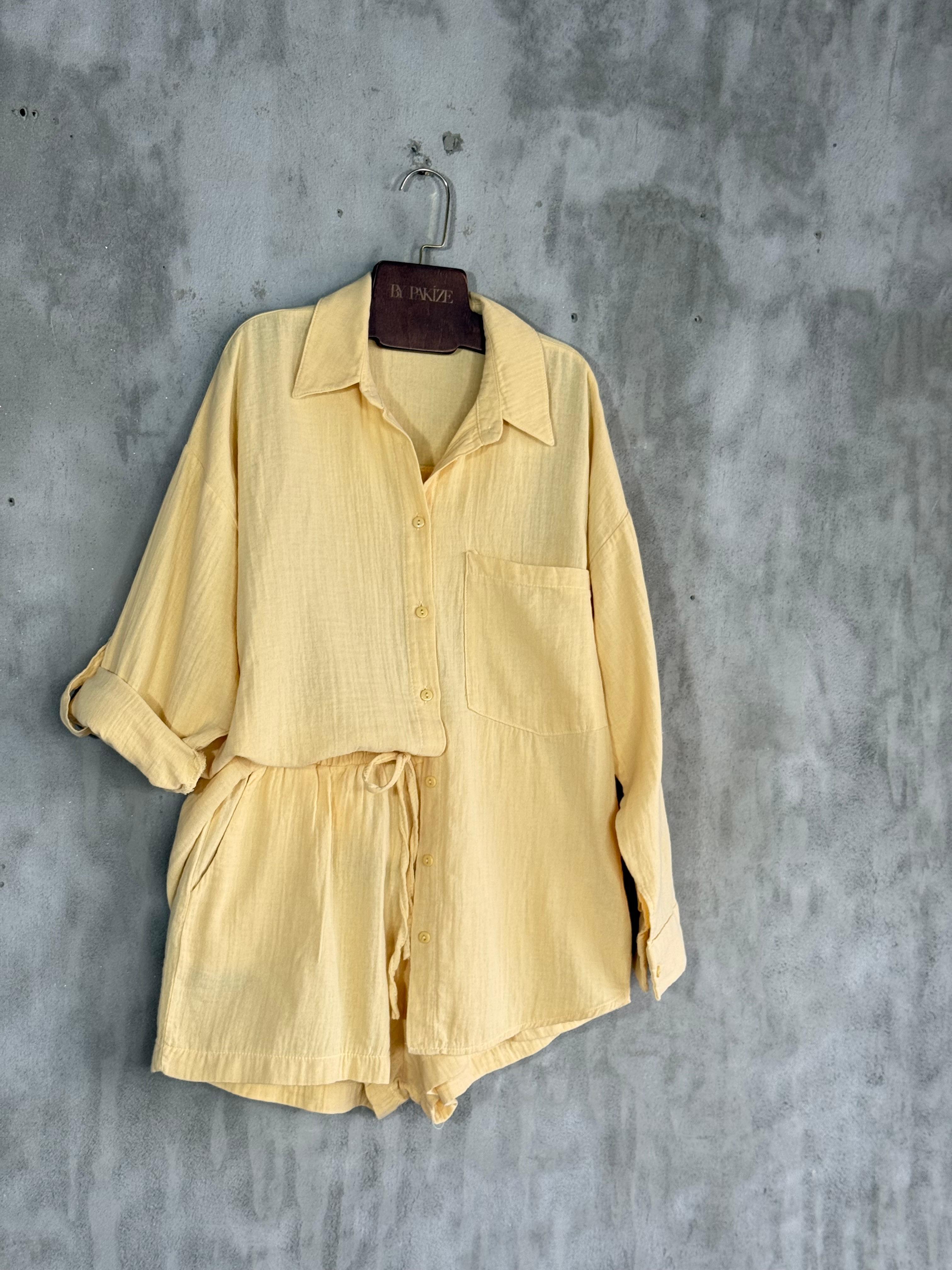 Lüks Kaliteli Müslin Kumaş Oversize Gömlekli Takım (Sarı)