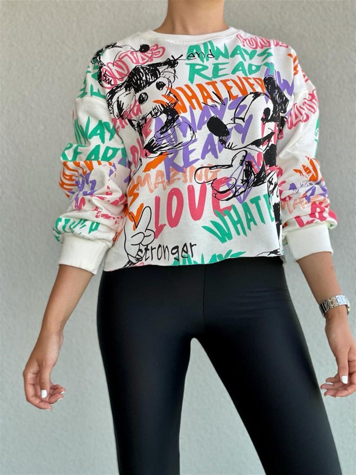 Mickey Baskılı Yazı Detaylı Sweat (Ekru&Kırmızı)