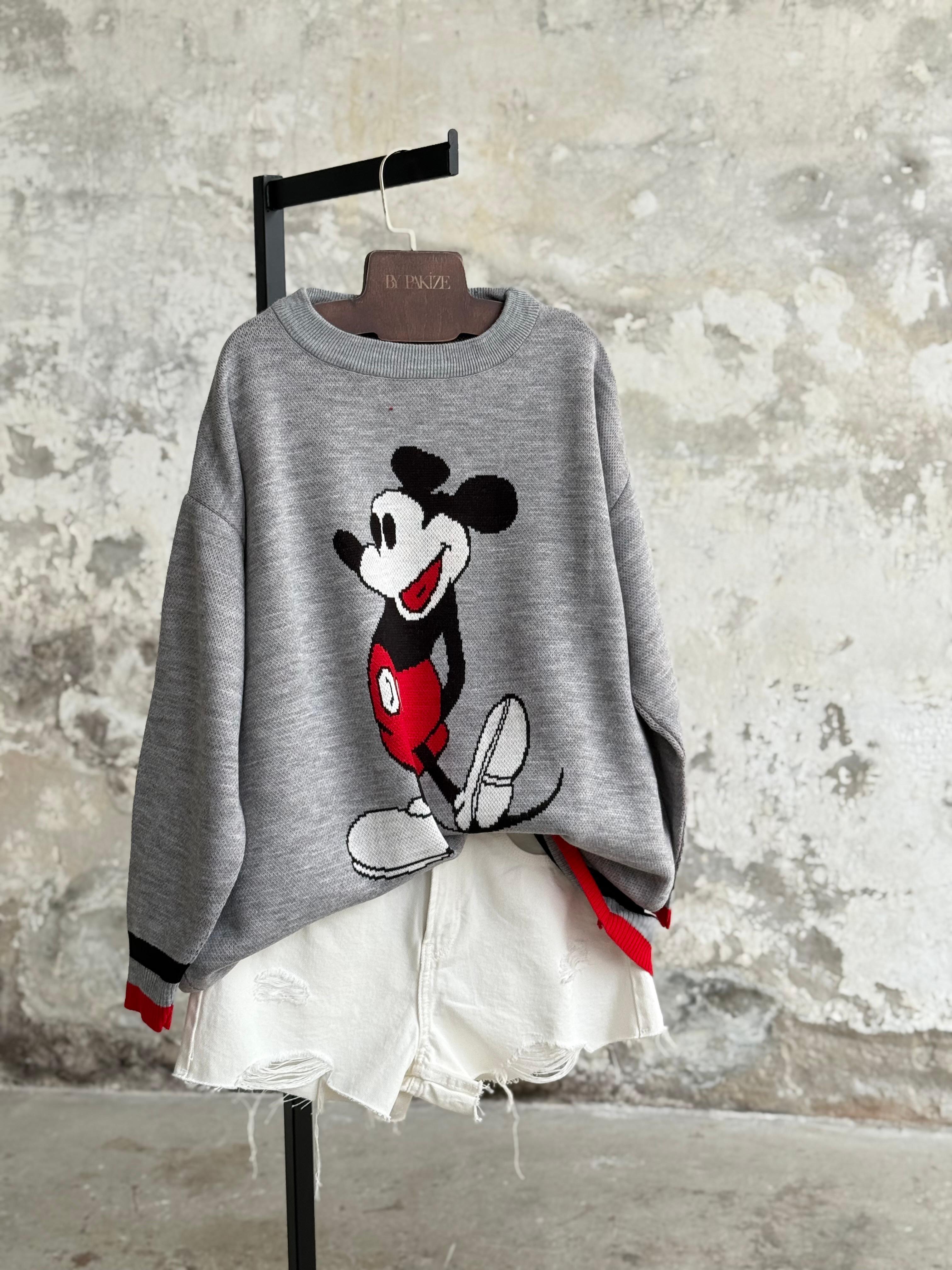 Mickey Mouse Baskılı Oversize Kazak (Gri)