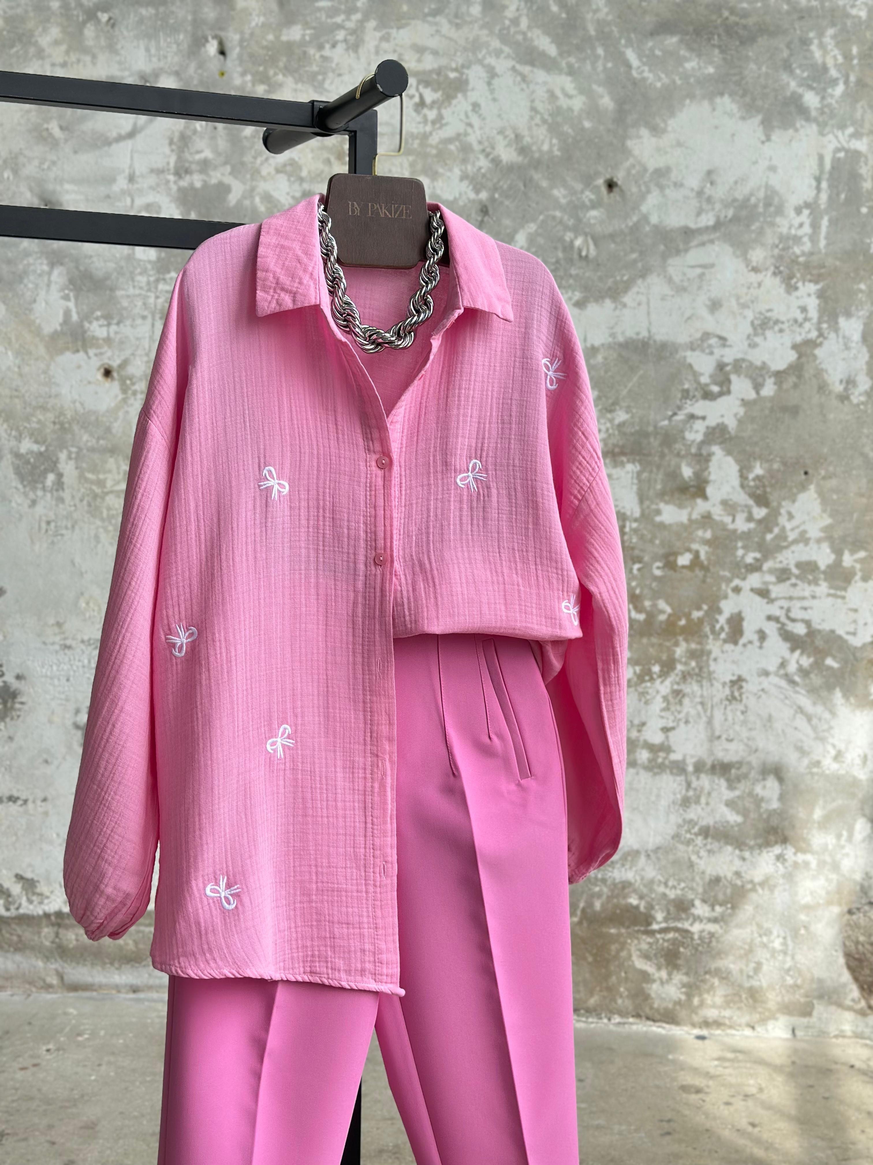 Nakış Fiyonklu Müslin Gömlek (Pembe)