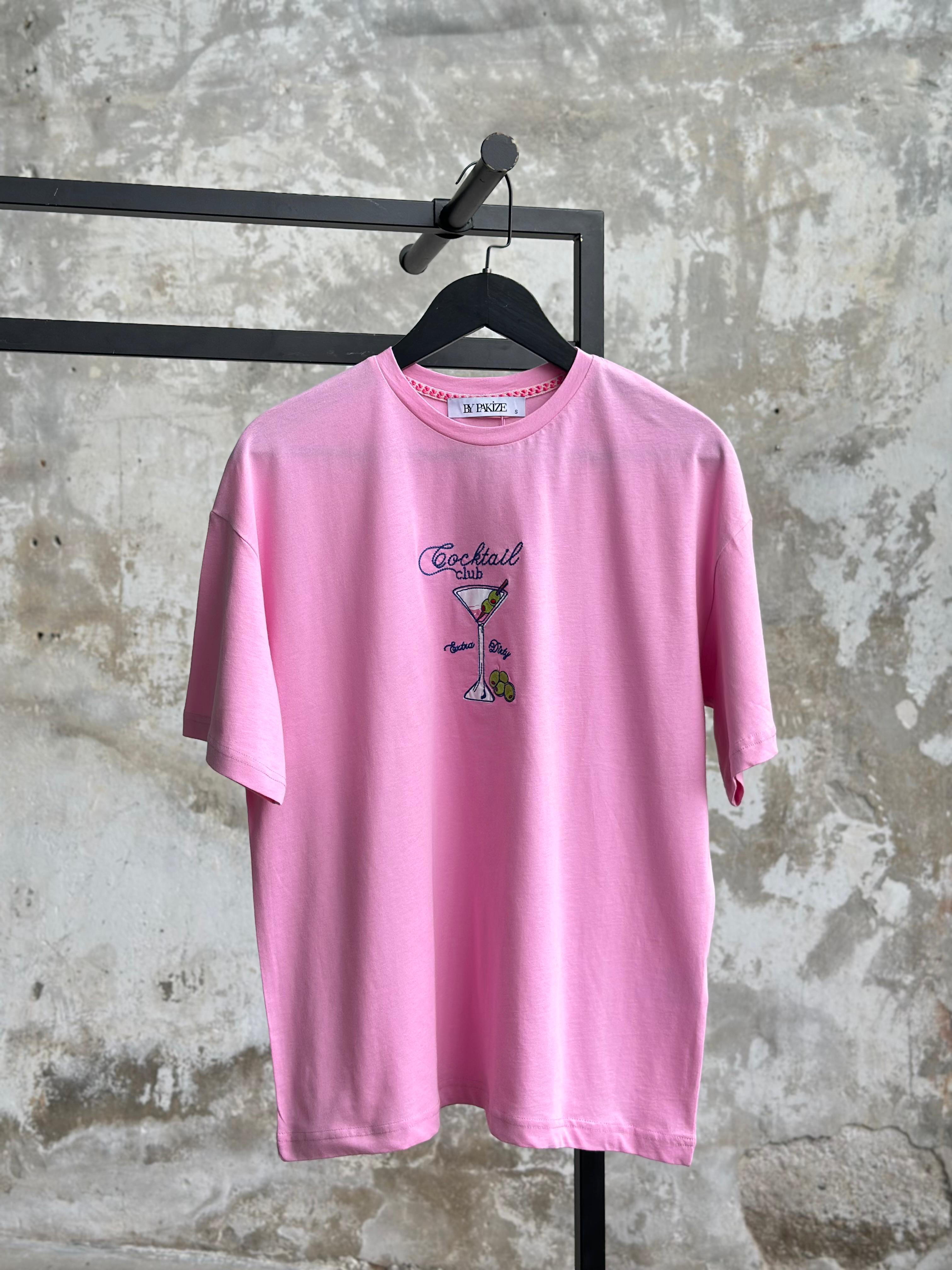 Nakış Yazılı  Kadeh Baskılı Basic Tişört (Pembe)