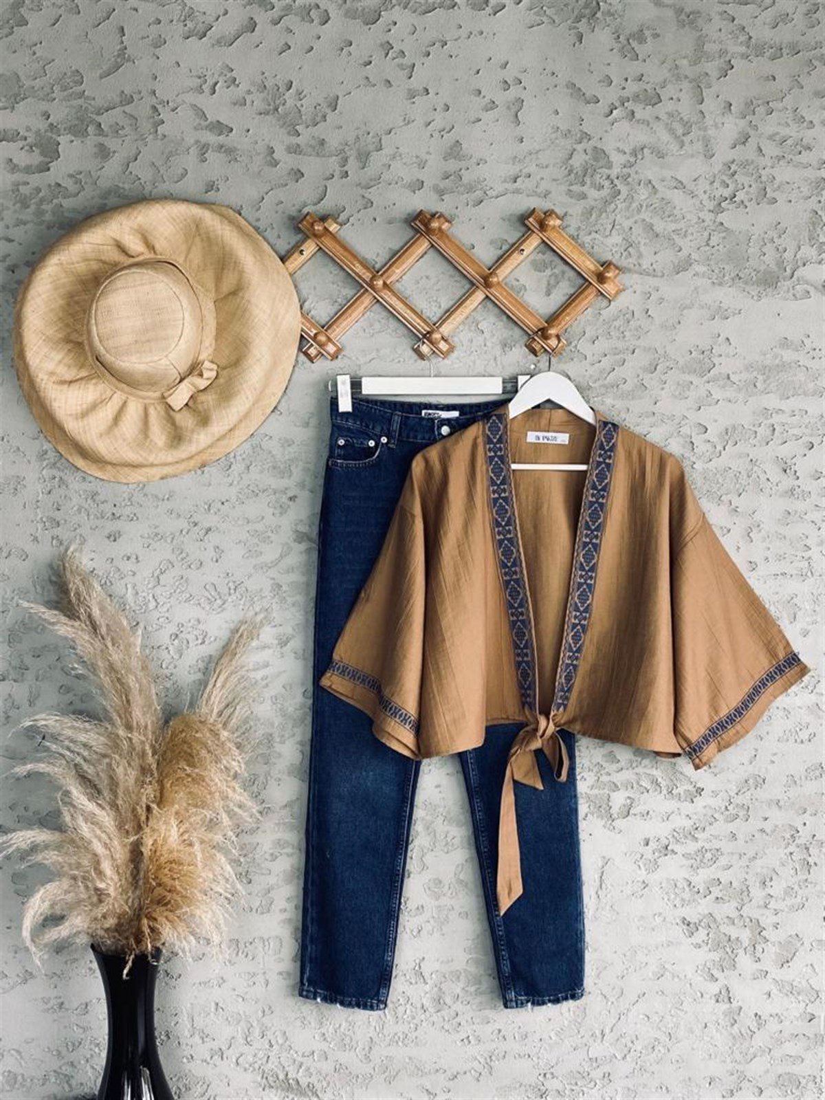 Nakışlı Keten Kimono (Camel)