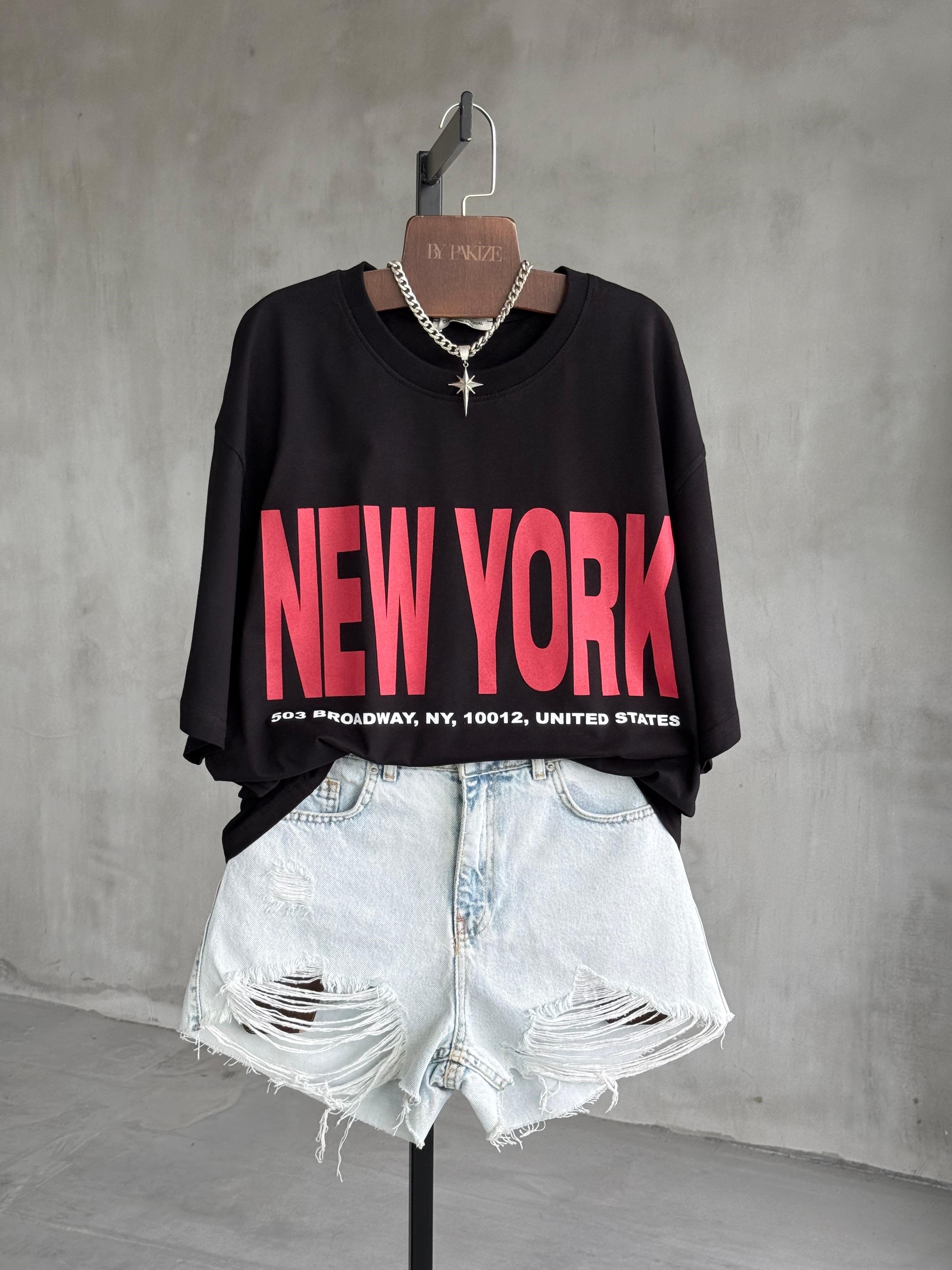 New York Baskılı Oversize Tişört (Siyah)