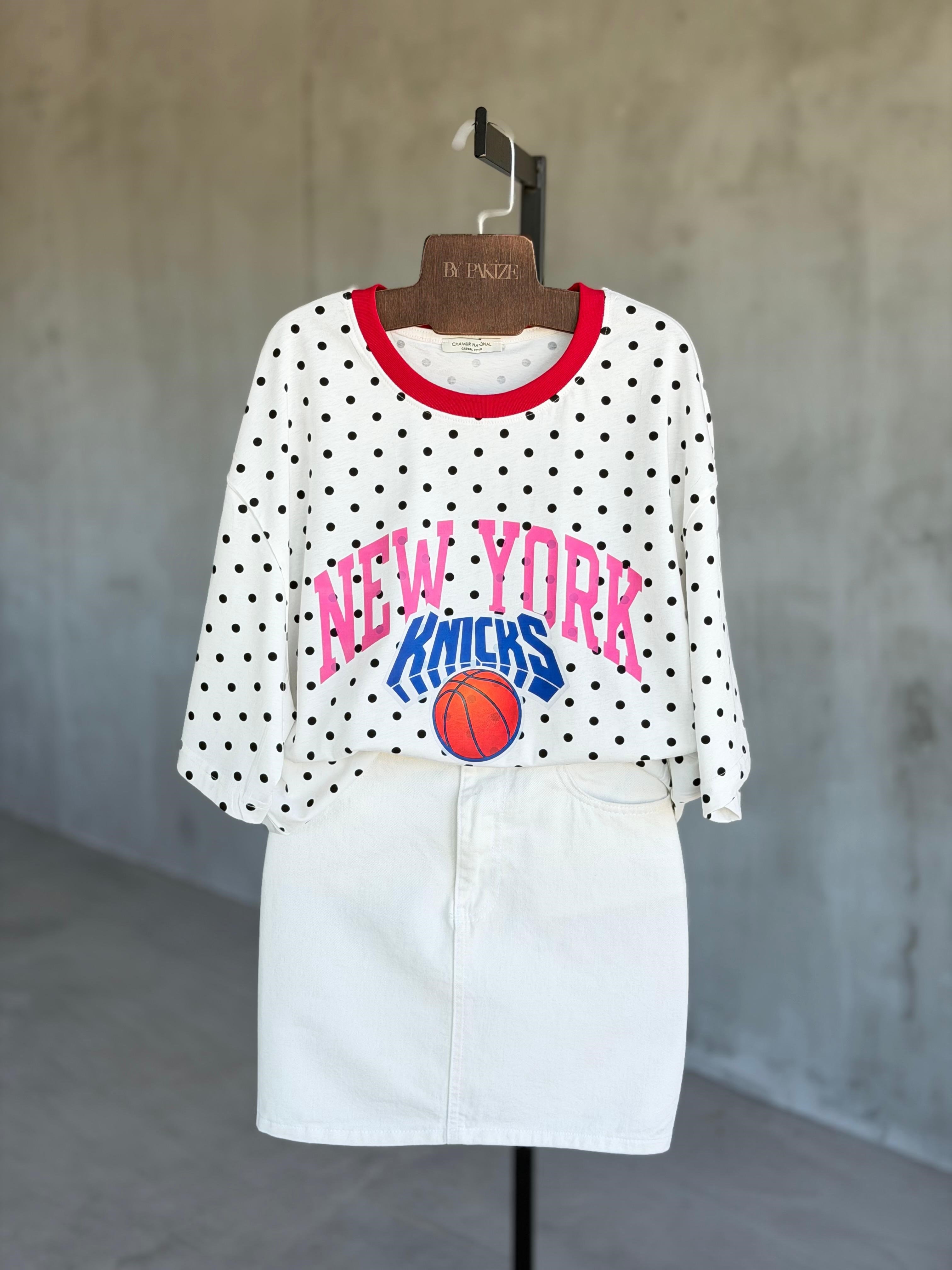 New York Baskılı Puantiye Oversize Tasarım Tshirt(Beyaz)