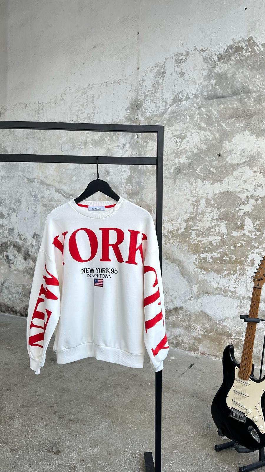 New York Yazı Baskılı Sweat (Beyaz)