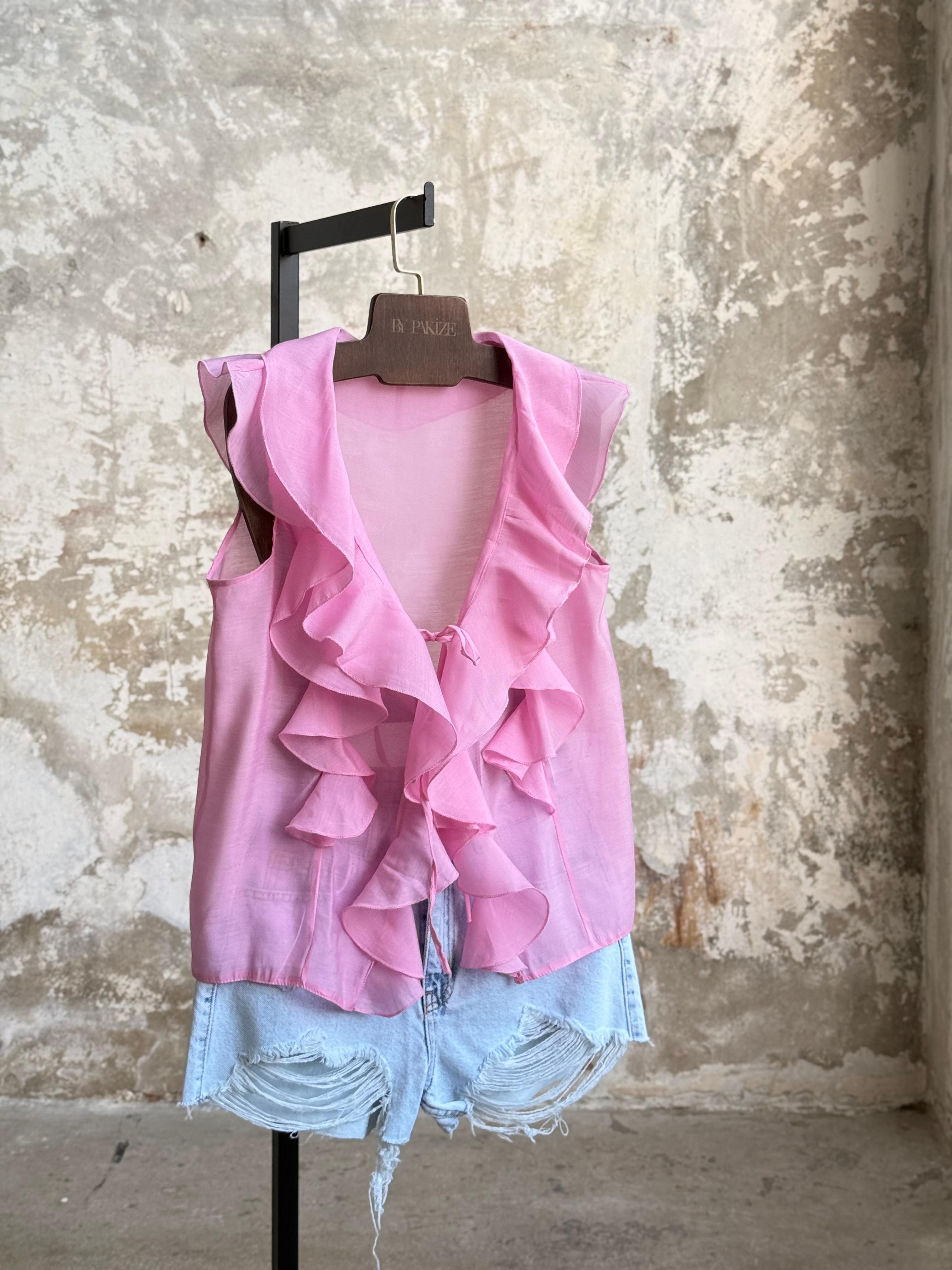 Omuzdan Fırfır Detaylı Bağlamalı Bluz (Pembe)