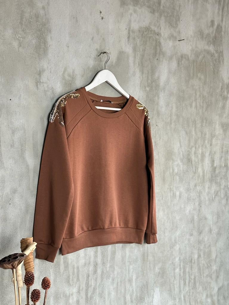 Omuzdan Pul Payet Ve Taş İşçilikli Sweat (Acı Kahve)