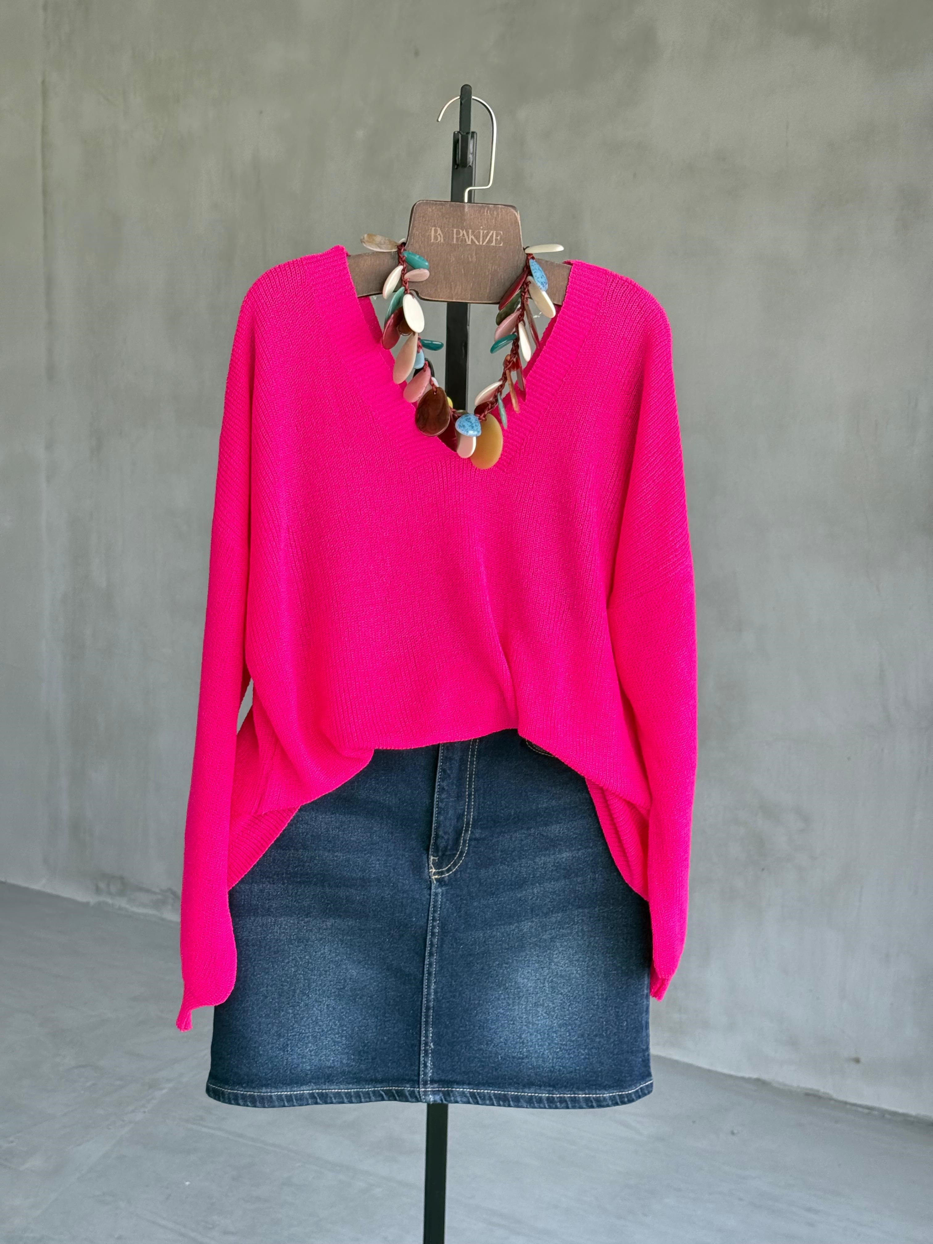 Ön Arka V Yaka Balon Kol Lüks Merserize Salaş Kazak (Fuşya)