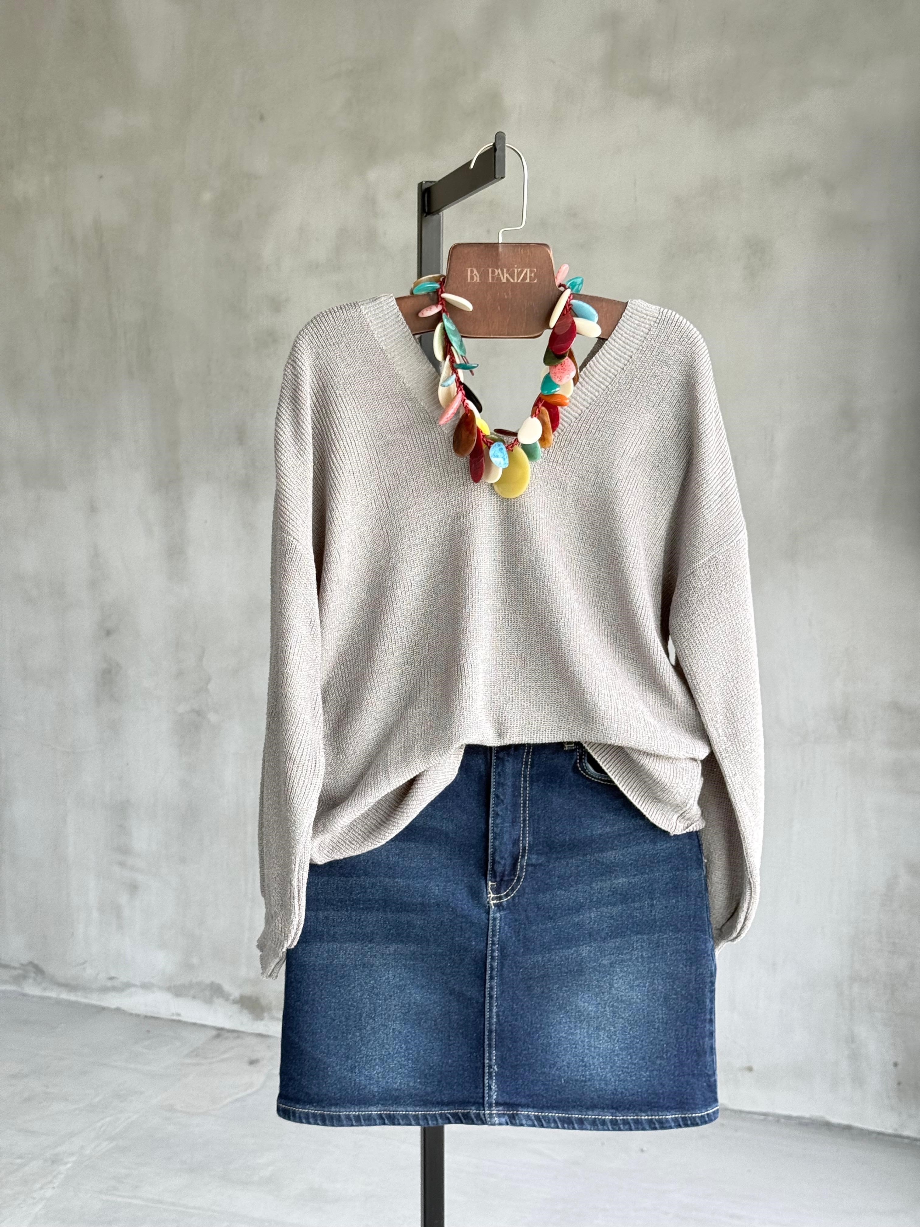 Ön Arka V Yaka Balon Kol Lüks Merserize Salaş Kazak (Gri)