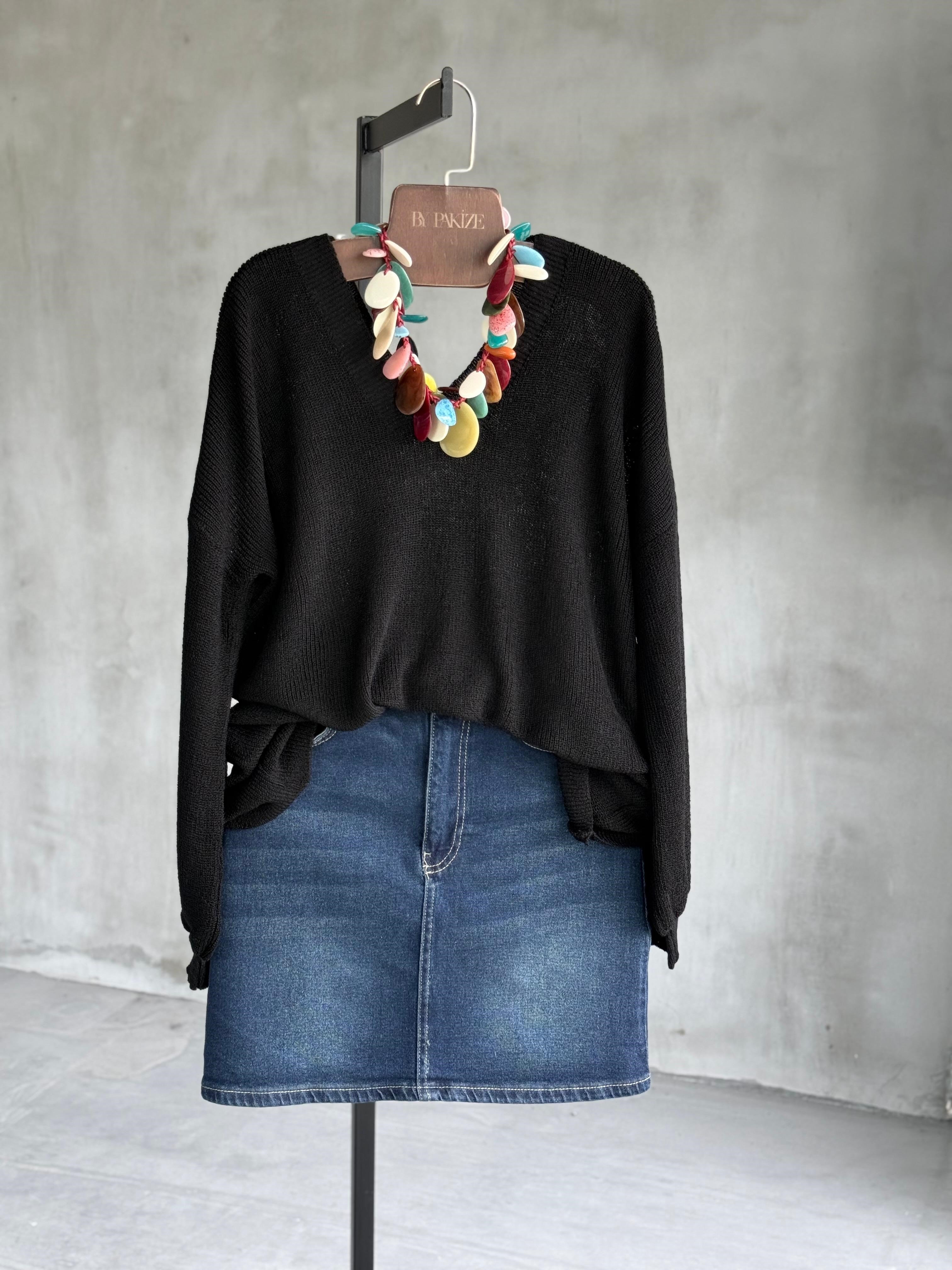 Ön Arka V Yaka Balon Kol Lüks Merserize Salaş Kazak (Siyah)