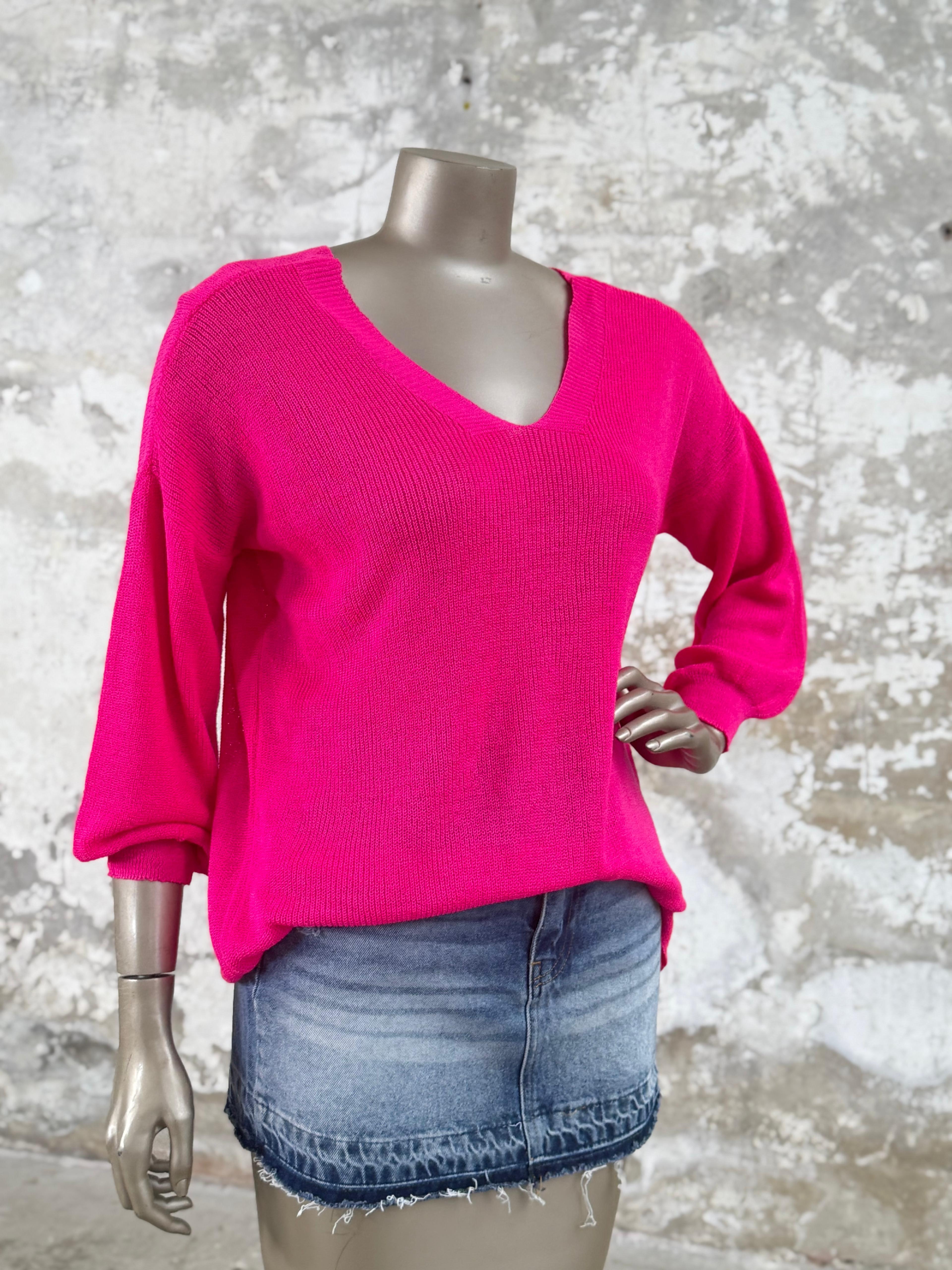 Ön Arka V Yaka Balon Kol Merserize Triko Örme Salaş Kazak (Fuşya)