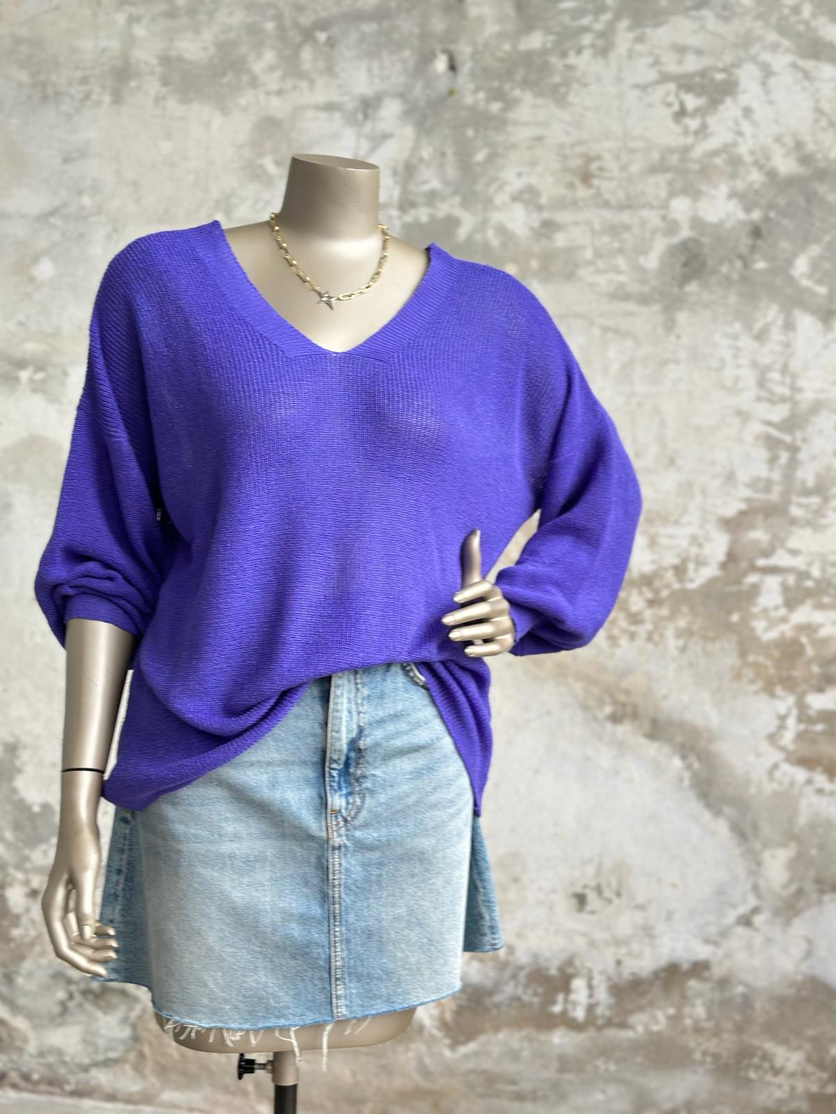 Ön Arka V Yaka Balon Kol Merserize Triko Örme Salaş Kazak (Mor)