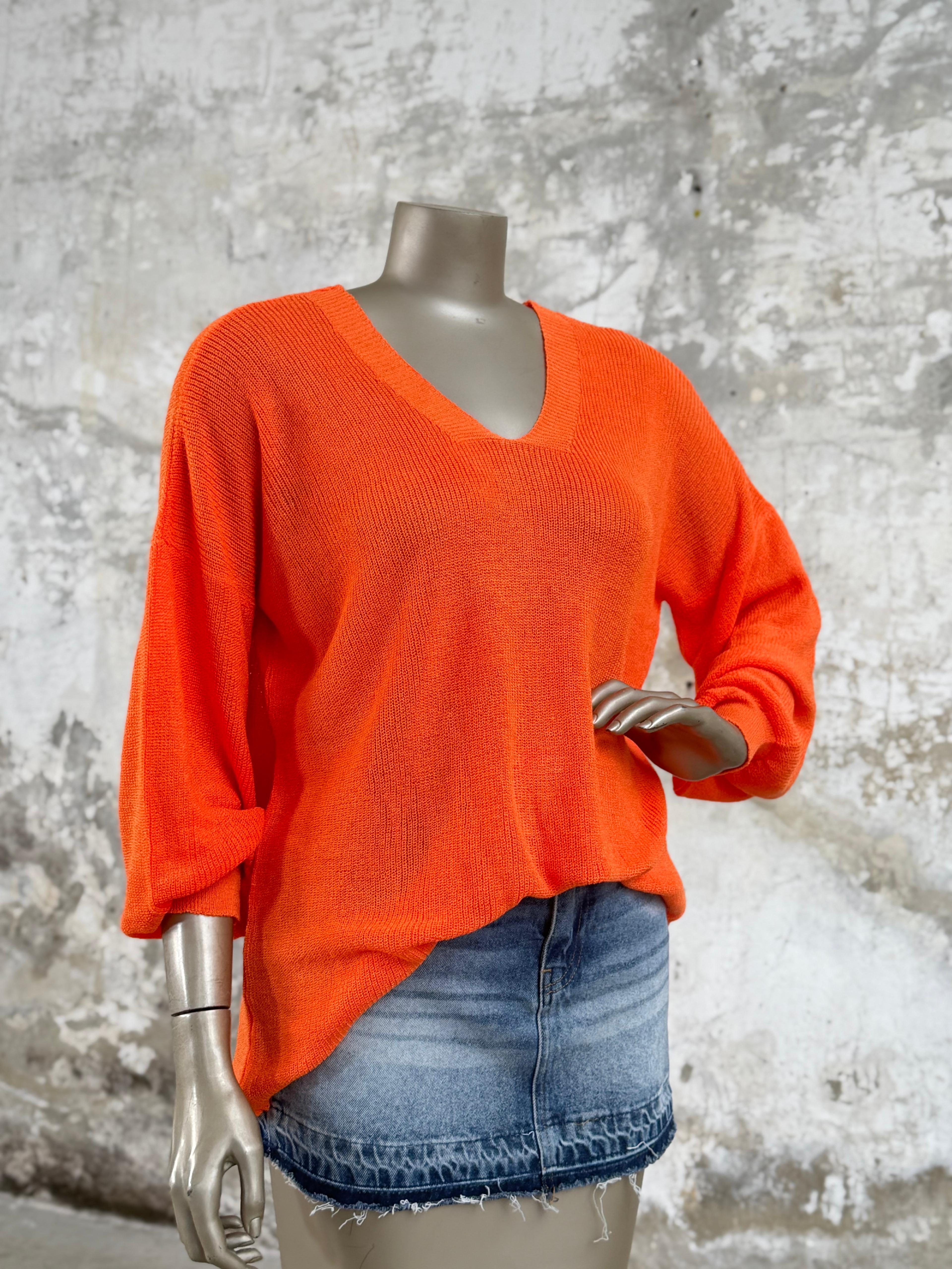 Ön Arka V Yaka Balon Kol Merserize Triko Örme Salaş Kazak (Turuncu)