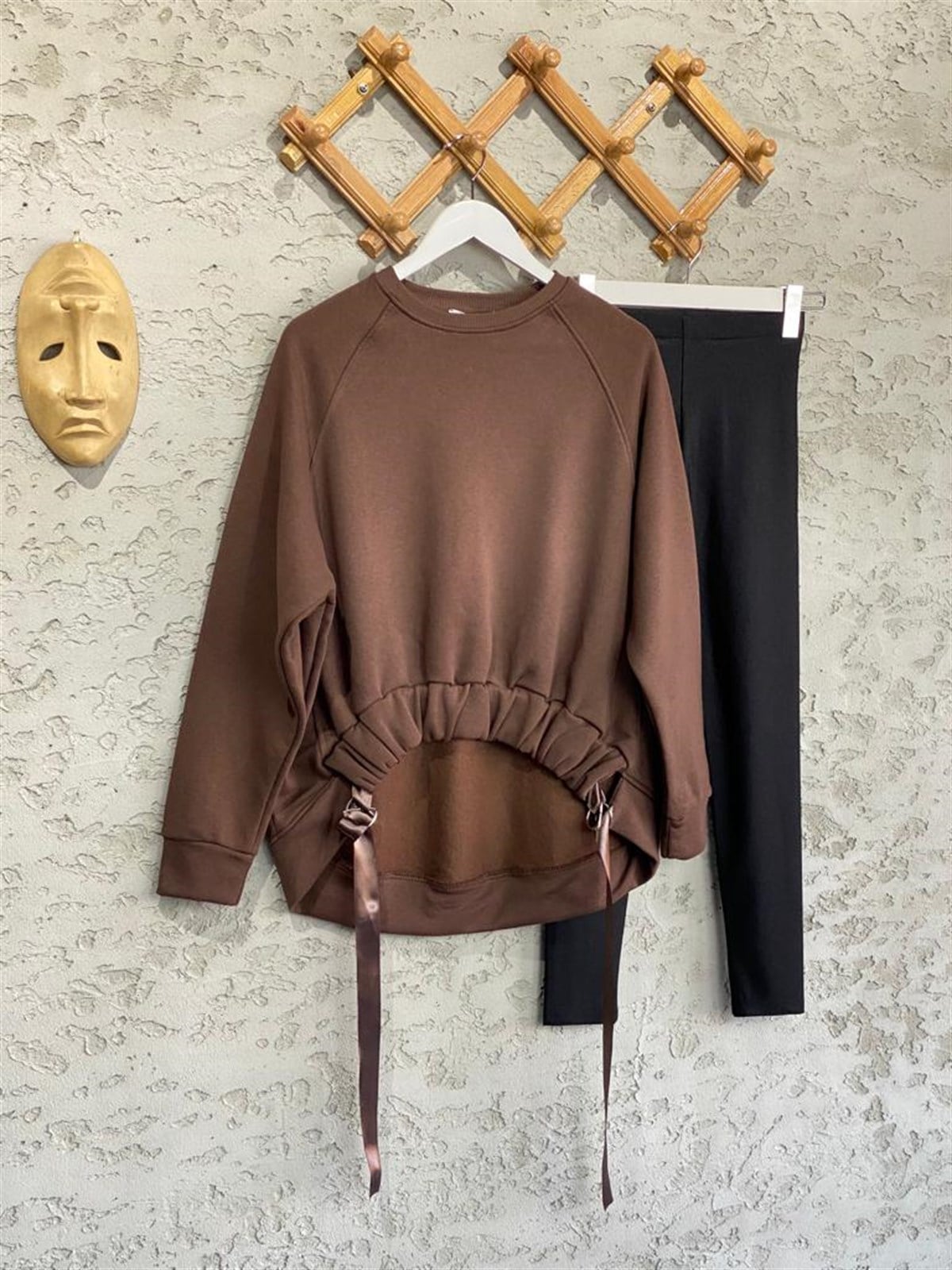 Önü Büzgülü Şardonlu Sweat (Kahve)