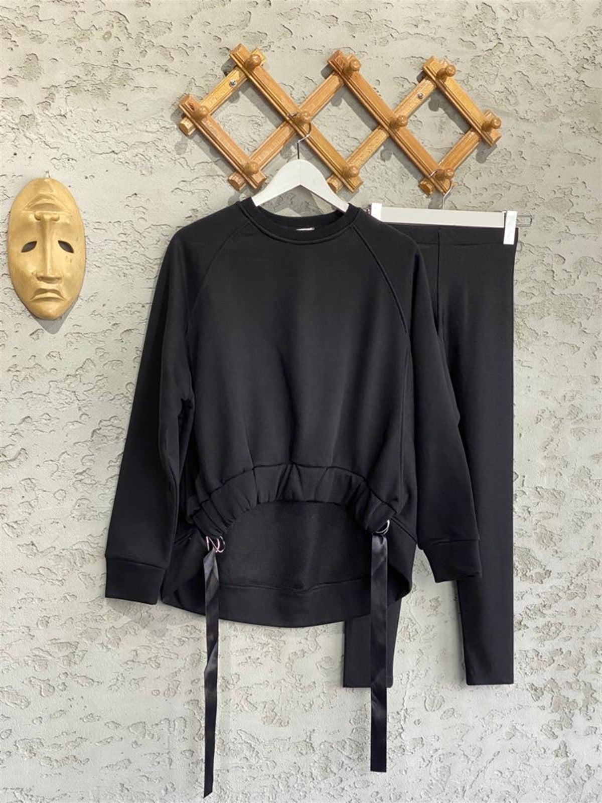 Önü Büzgülü Şardonlu Sweat (Siyah)