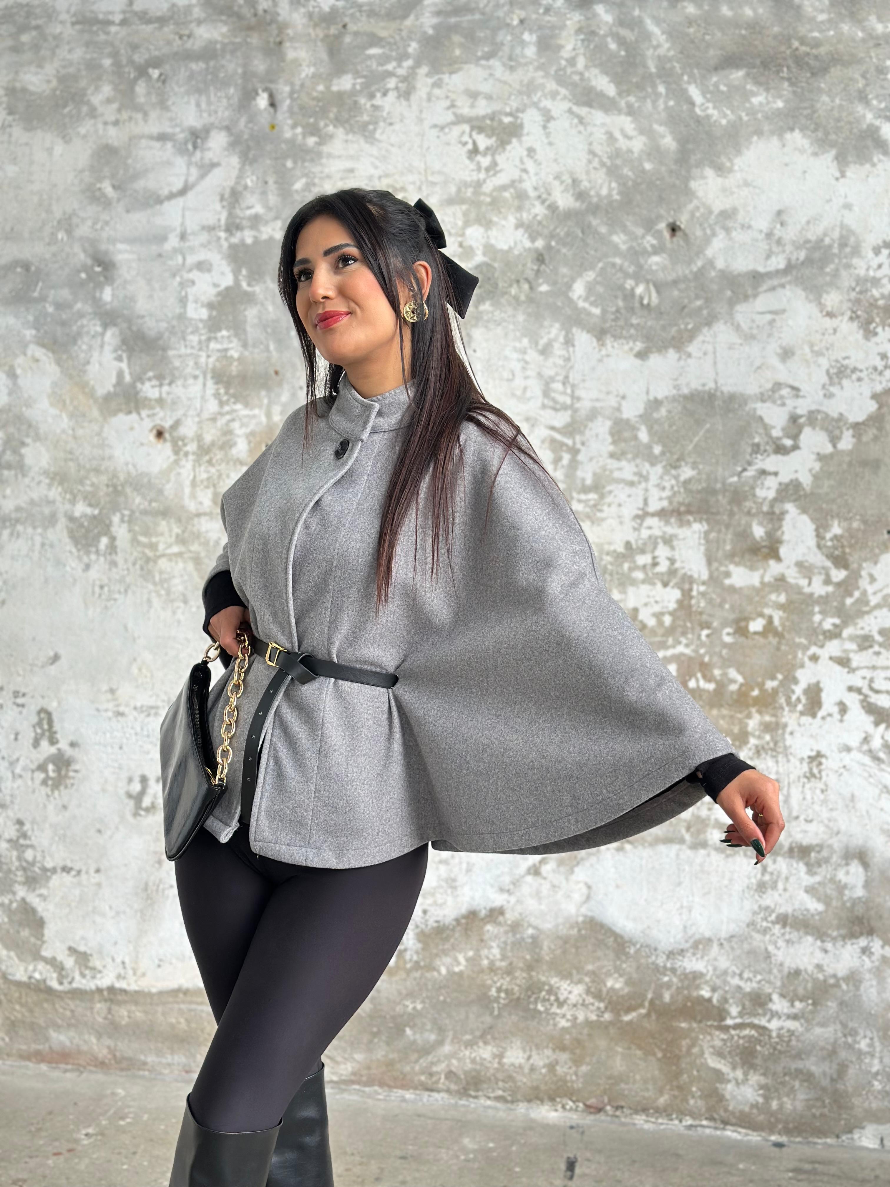 Oval Kesim Kaşe Kemerli Panço (Gri)