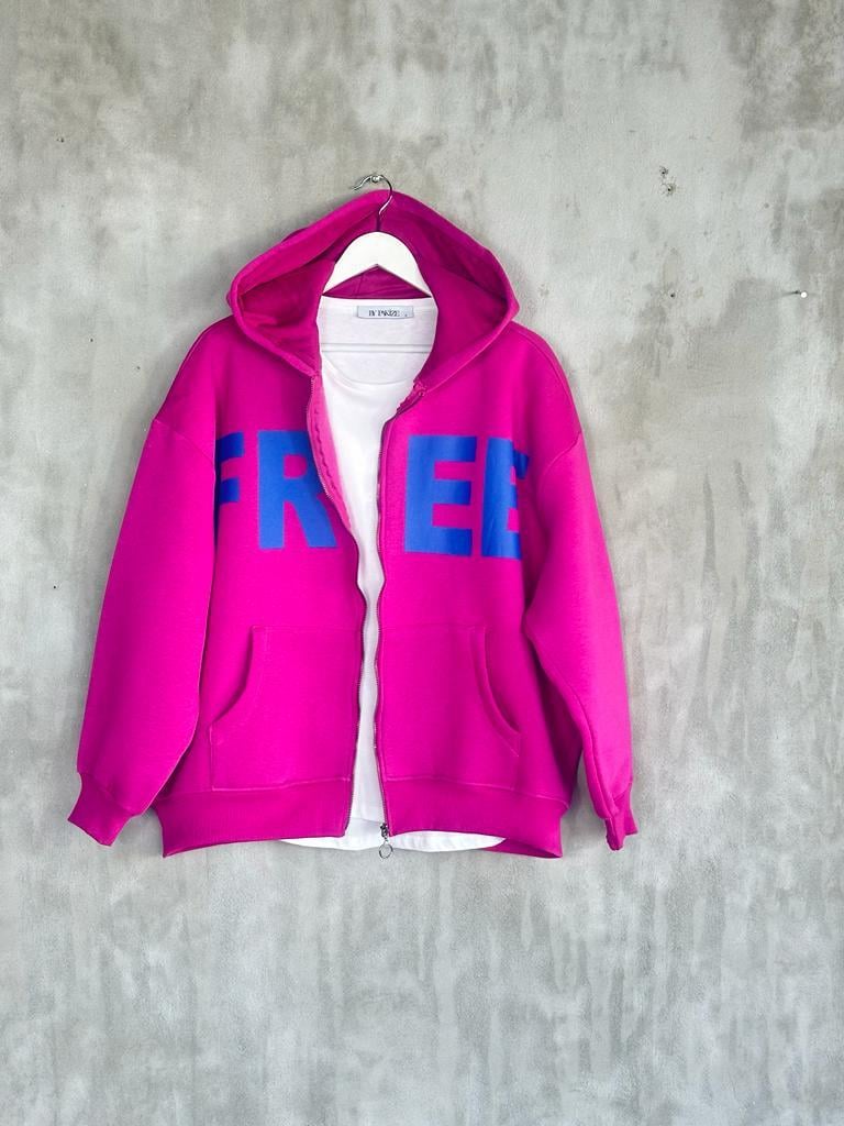 Oversize Fermuarlı Ceket (Fuşya)