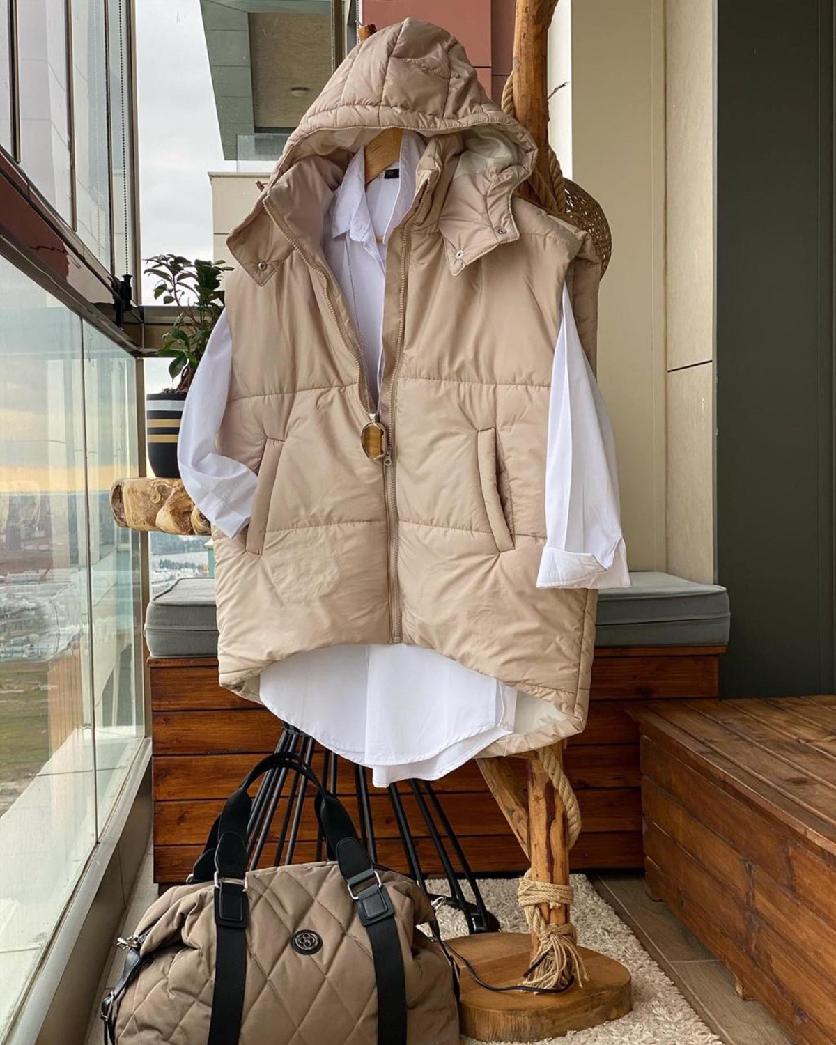 Oversize Kesim Şişme Yelek (BEJ)