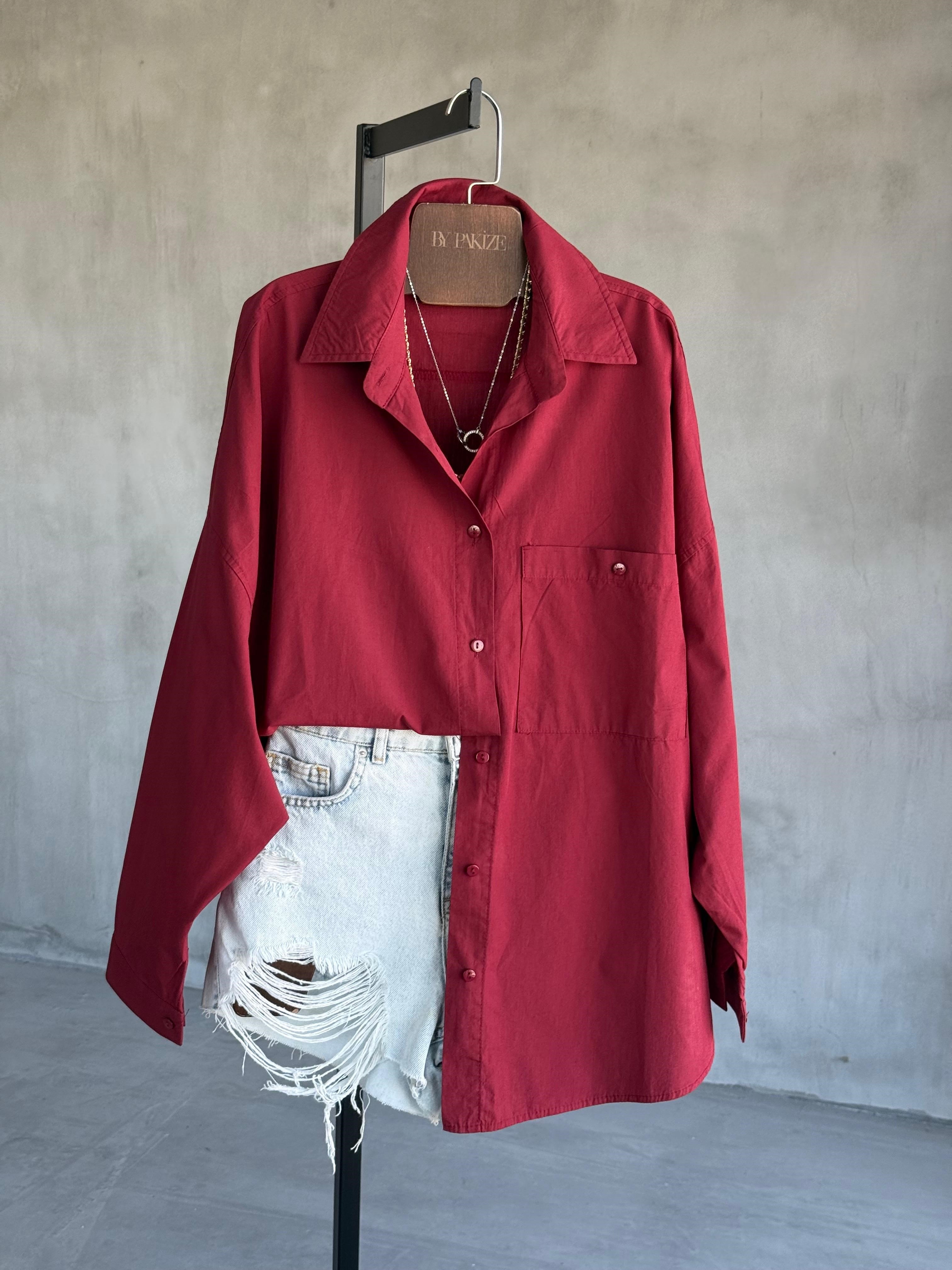 Oversize Maskülen Tarz Cotton Gömlek (Bordo)