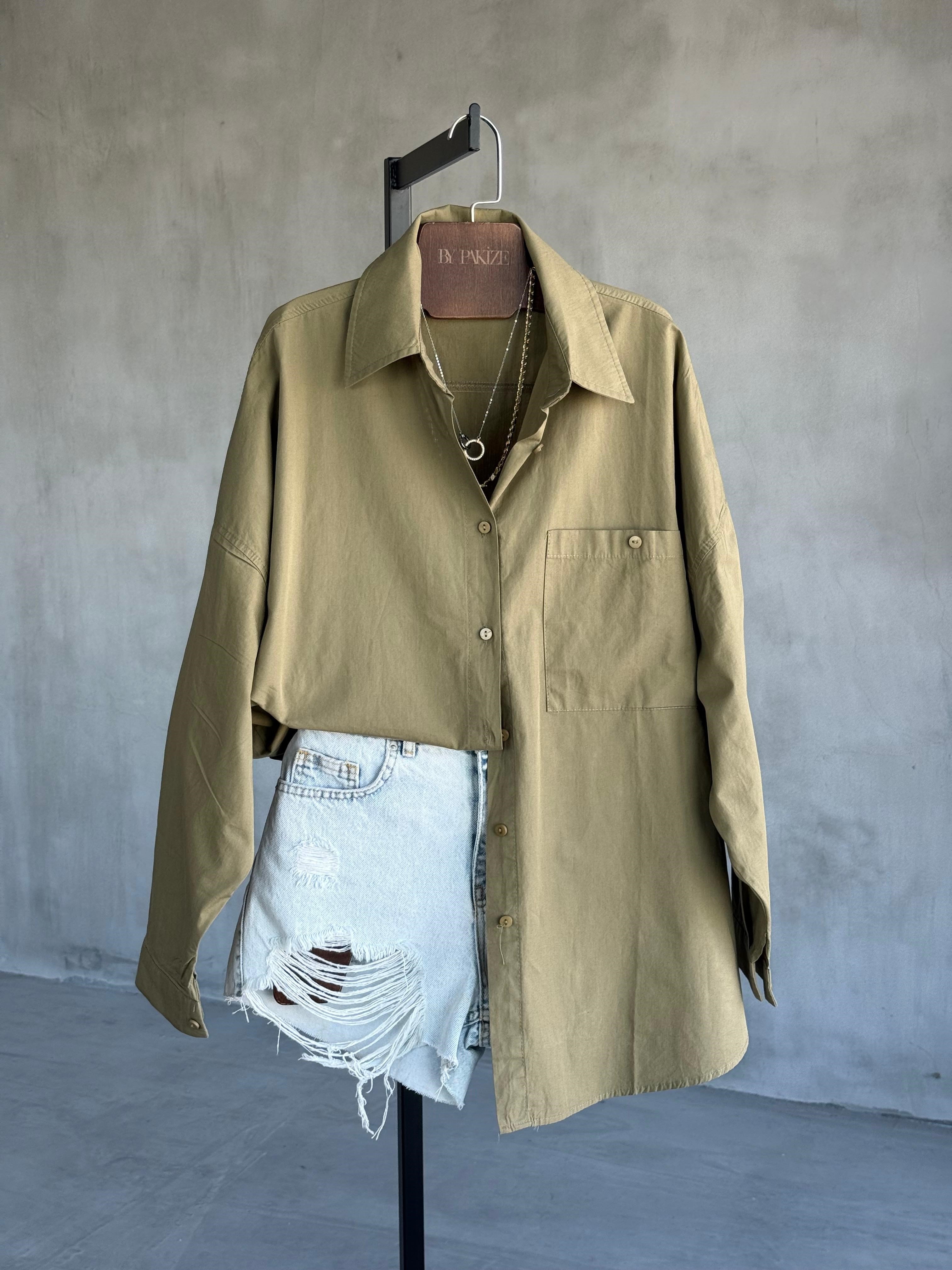 Oversize Maskülen Tarz Cotton Gömlek (Haki)