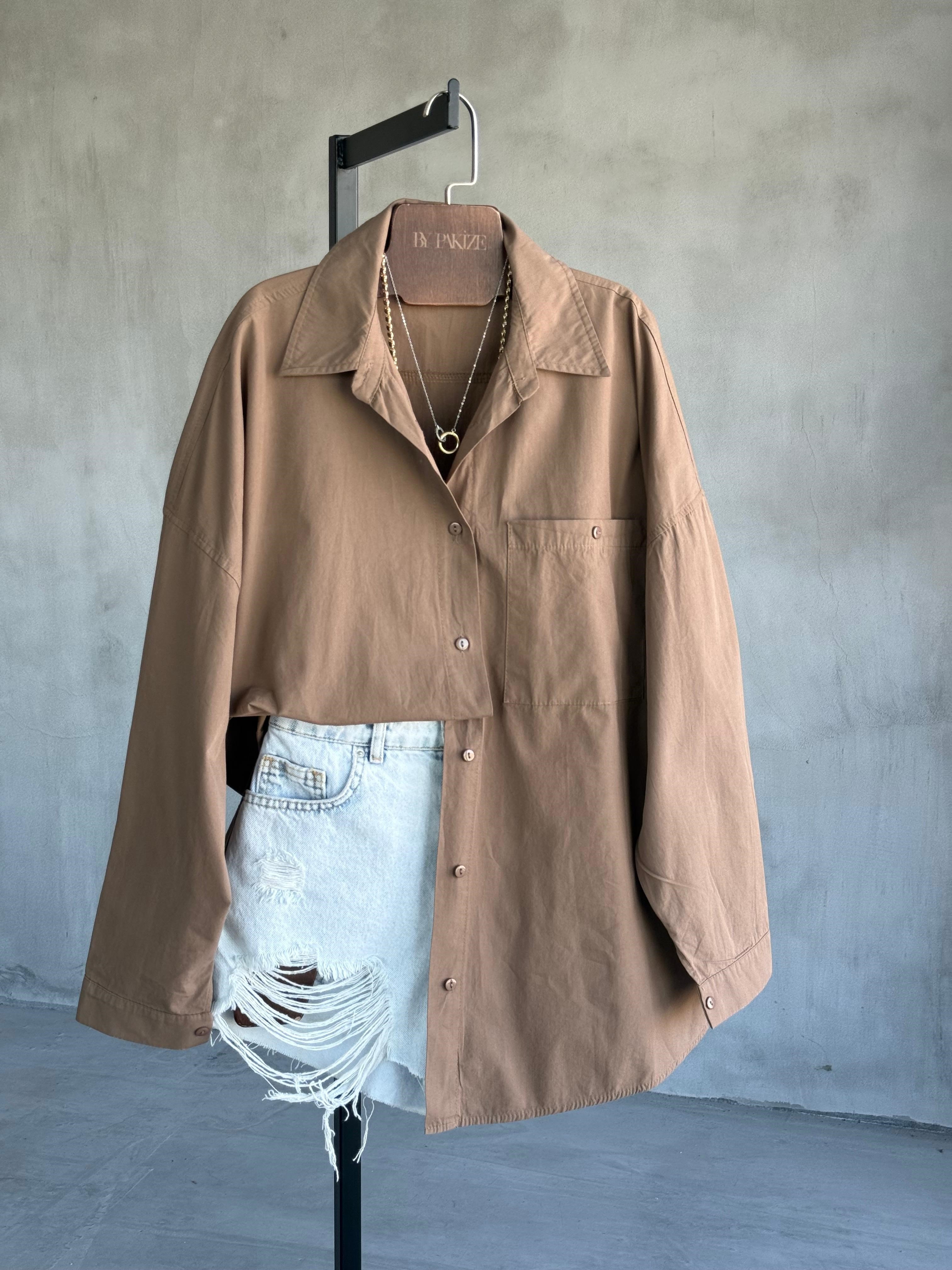 Oversize Maskülen Tarz Cotton Gömlek (Mocha)