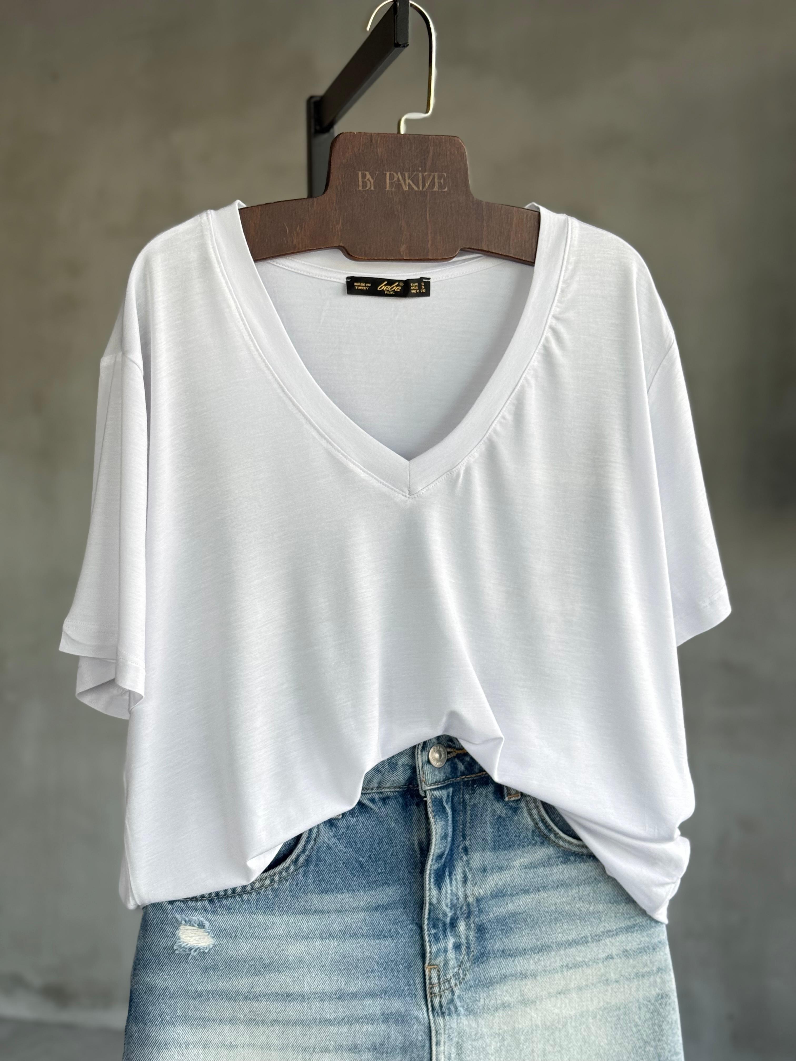 Oys V Yaka Basic Tişört (Beyaz)