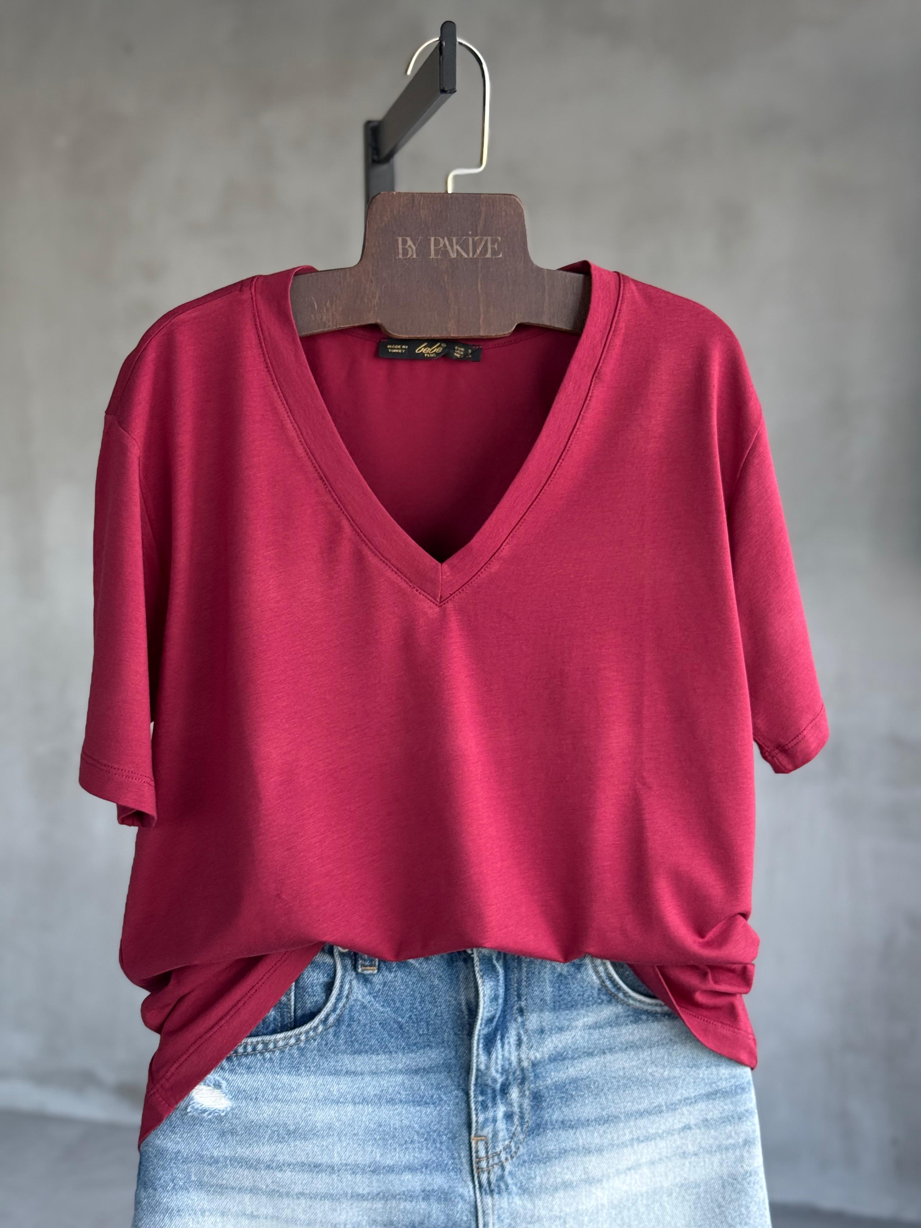 Oys V Yaka Basic Tişört (Bordo)