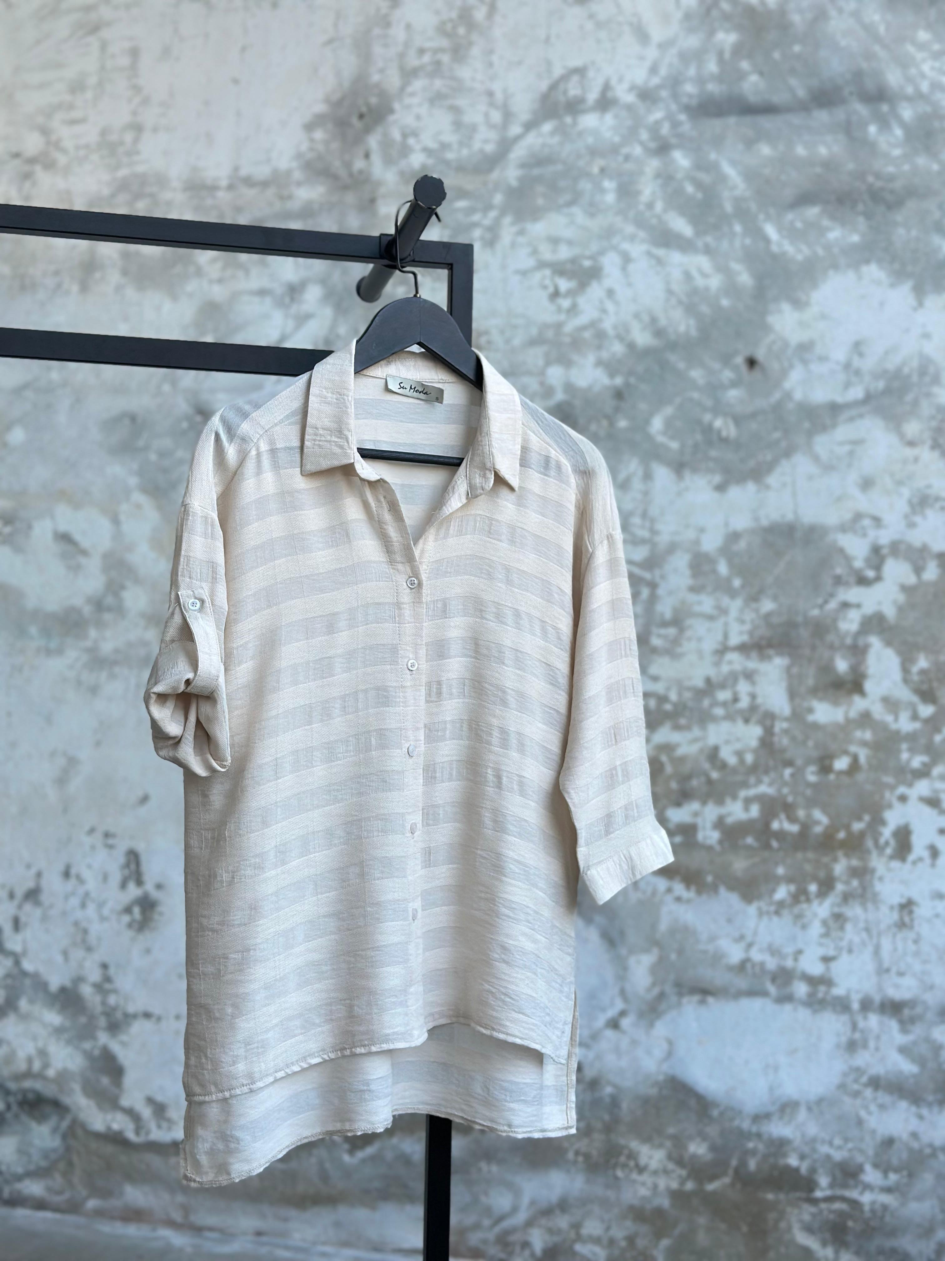 Pamuk Keten Oversize Gömlek (Bej)