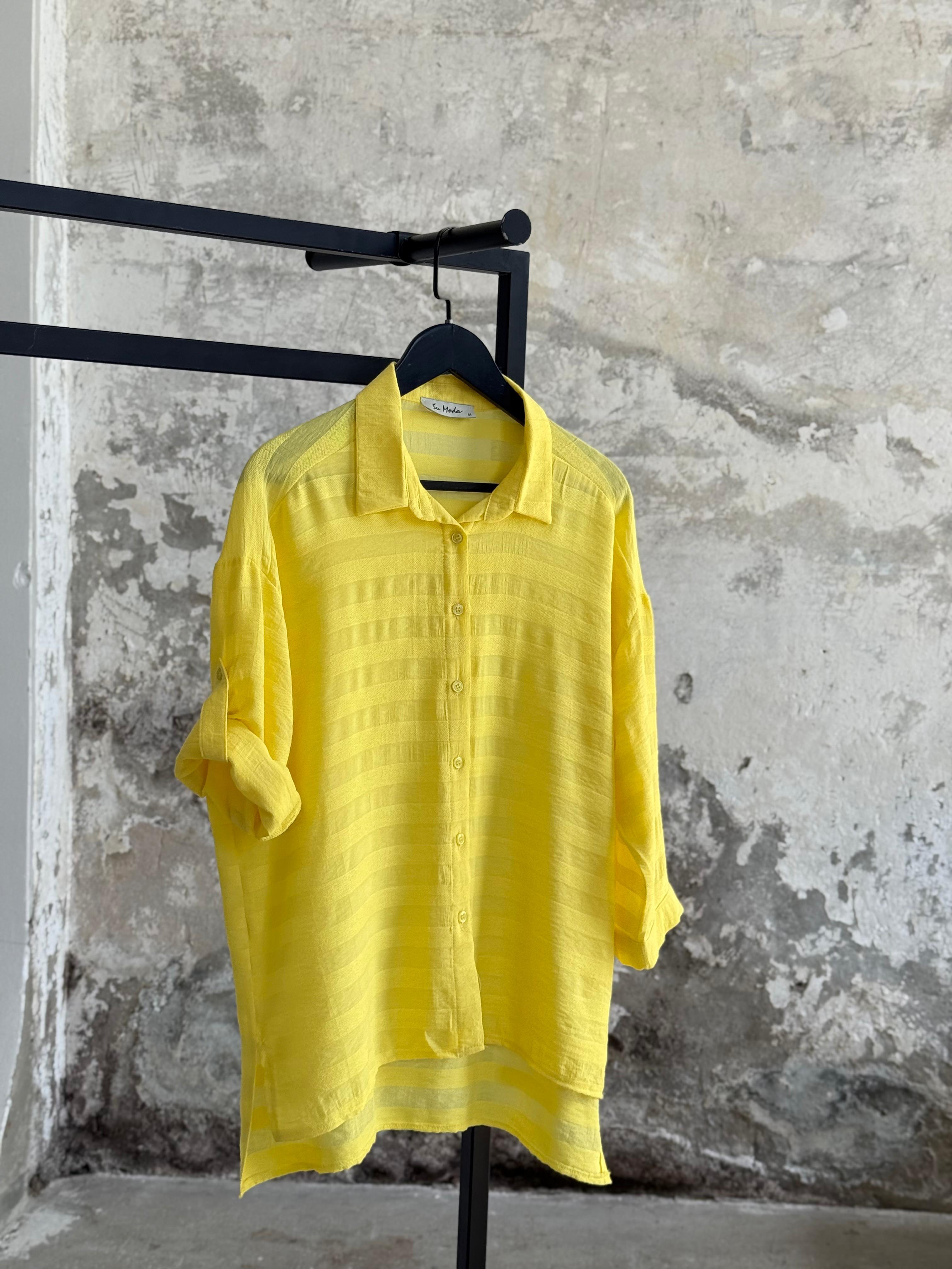 Pamuk Keten Oversize Gömlek (Limon Sarısı)