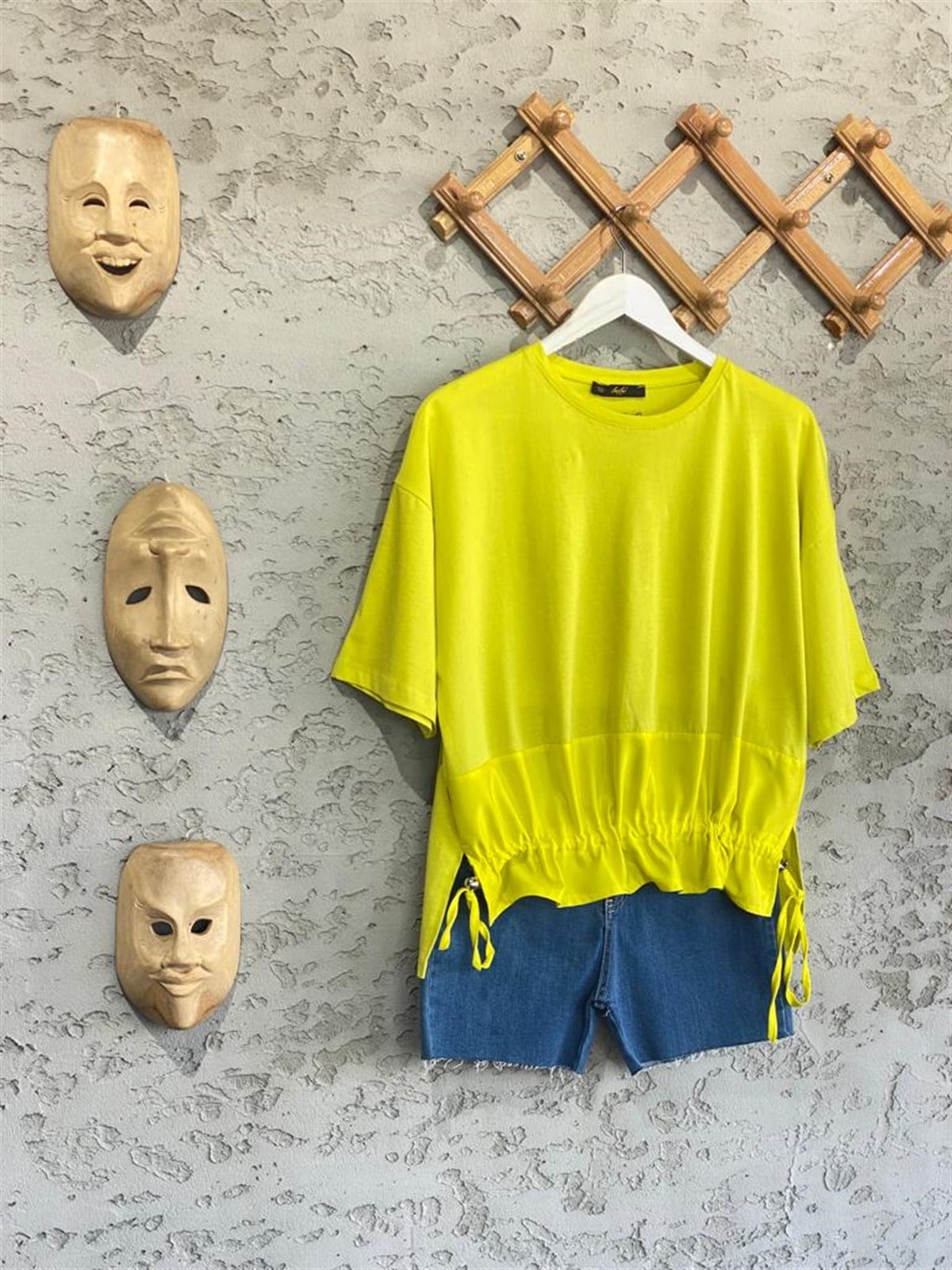 Paraşüt Kumaş Ön Büzgülü Tshirt (Yağ Yeşil)