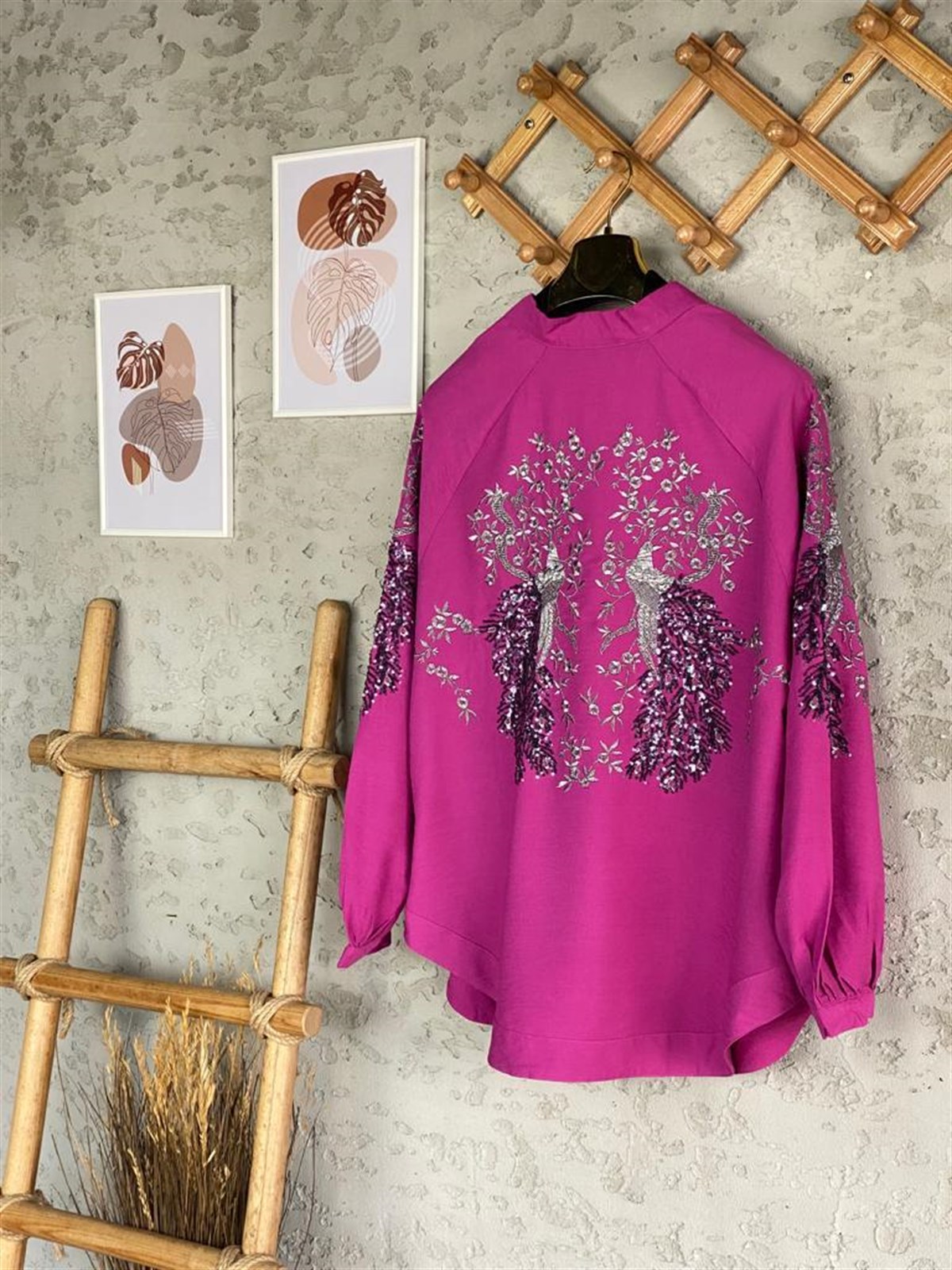 Payetli Özel El İşlemeli Kimono (Fuşya)