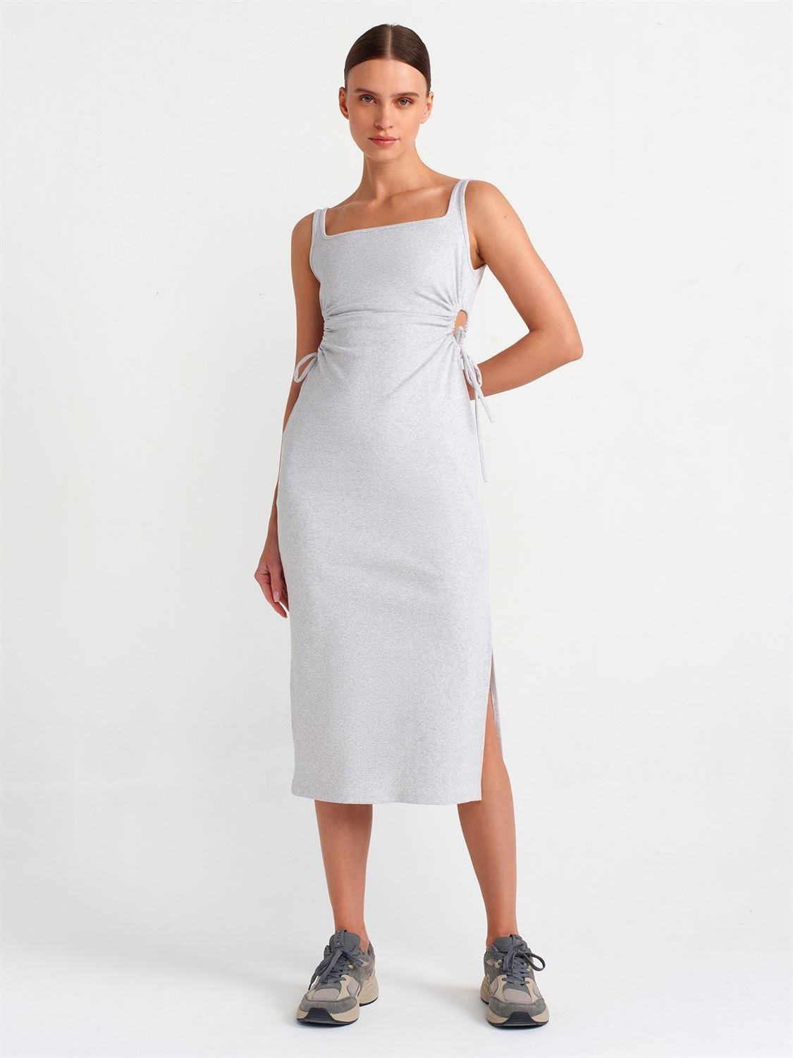 Pencere Detaylı Uzun Elbise (Gri)