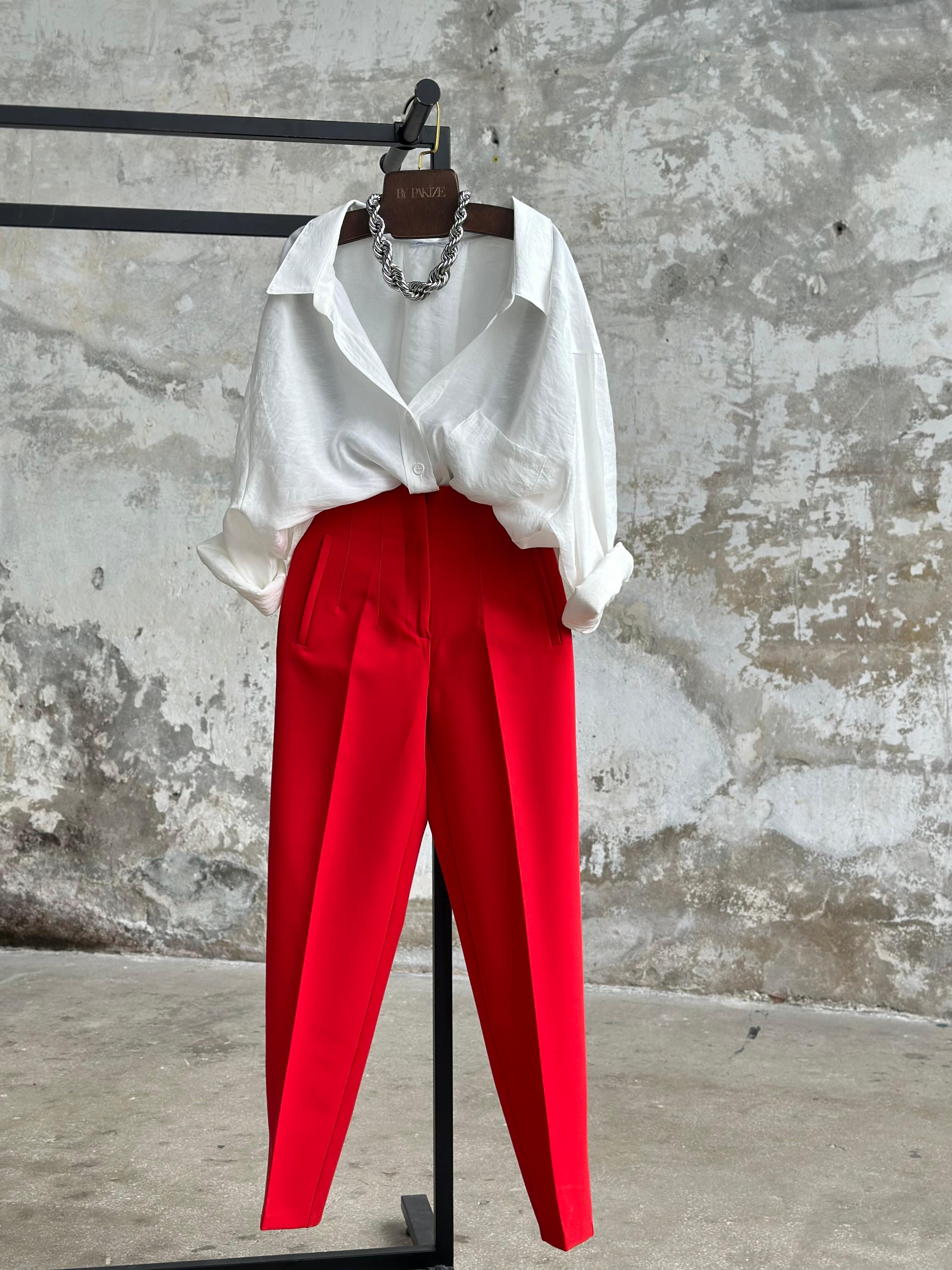 Pens Detaylı Yüksek Bel Kumaş Pantolon (Kırmızı)