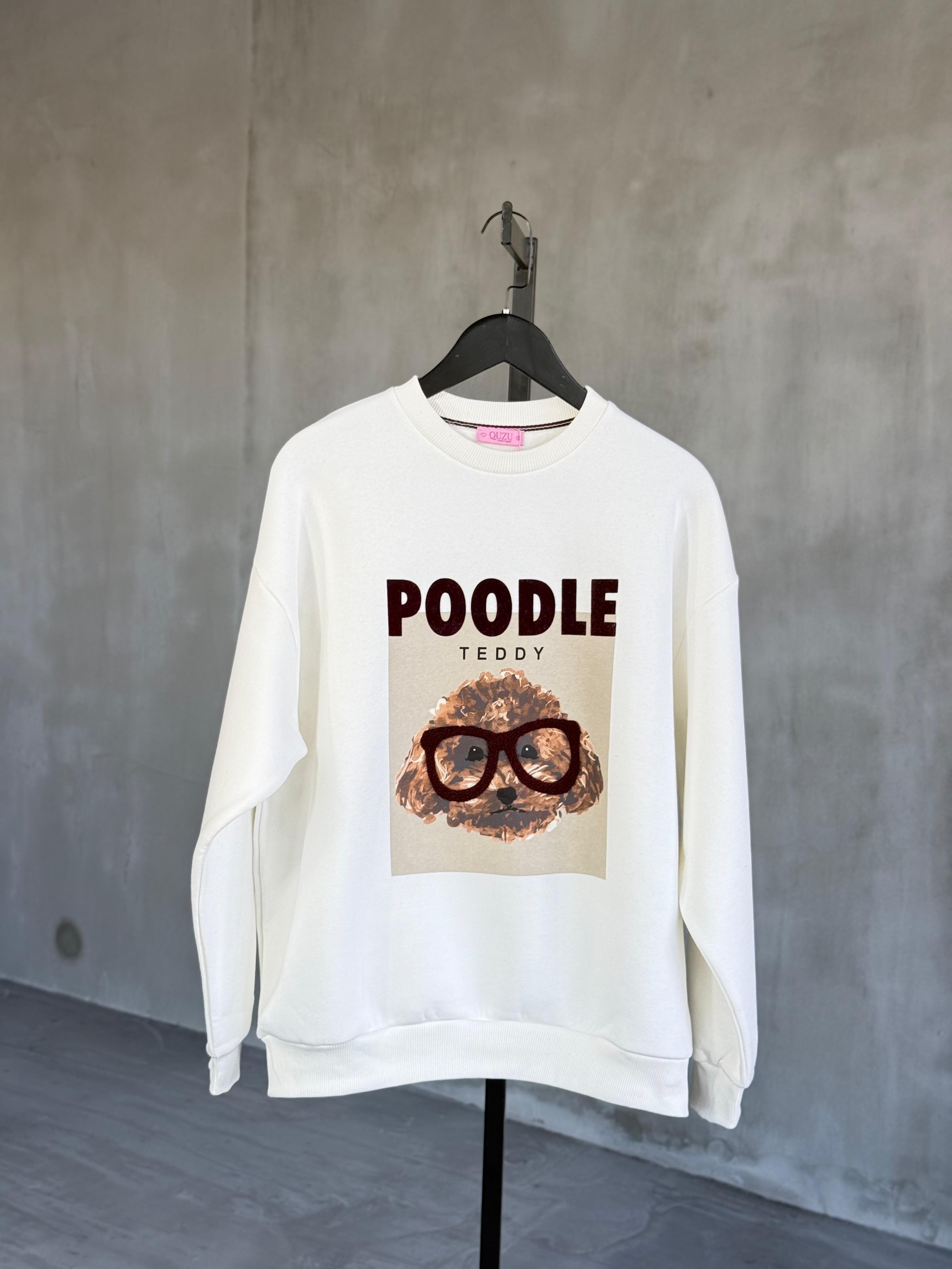 Poodle Baskılı Dokulu Gözlük Detaylı Sweatshırt (Beyaz)