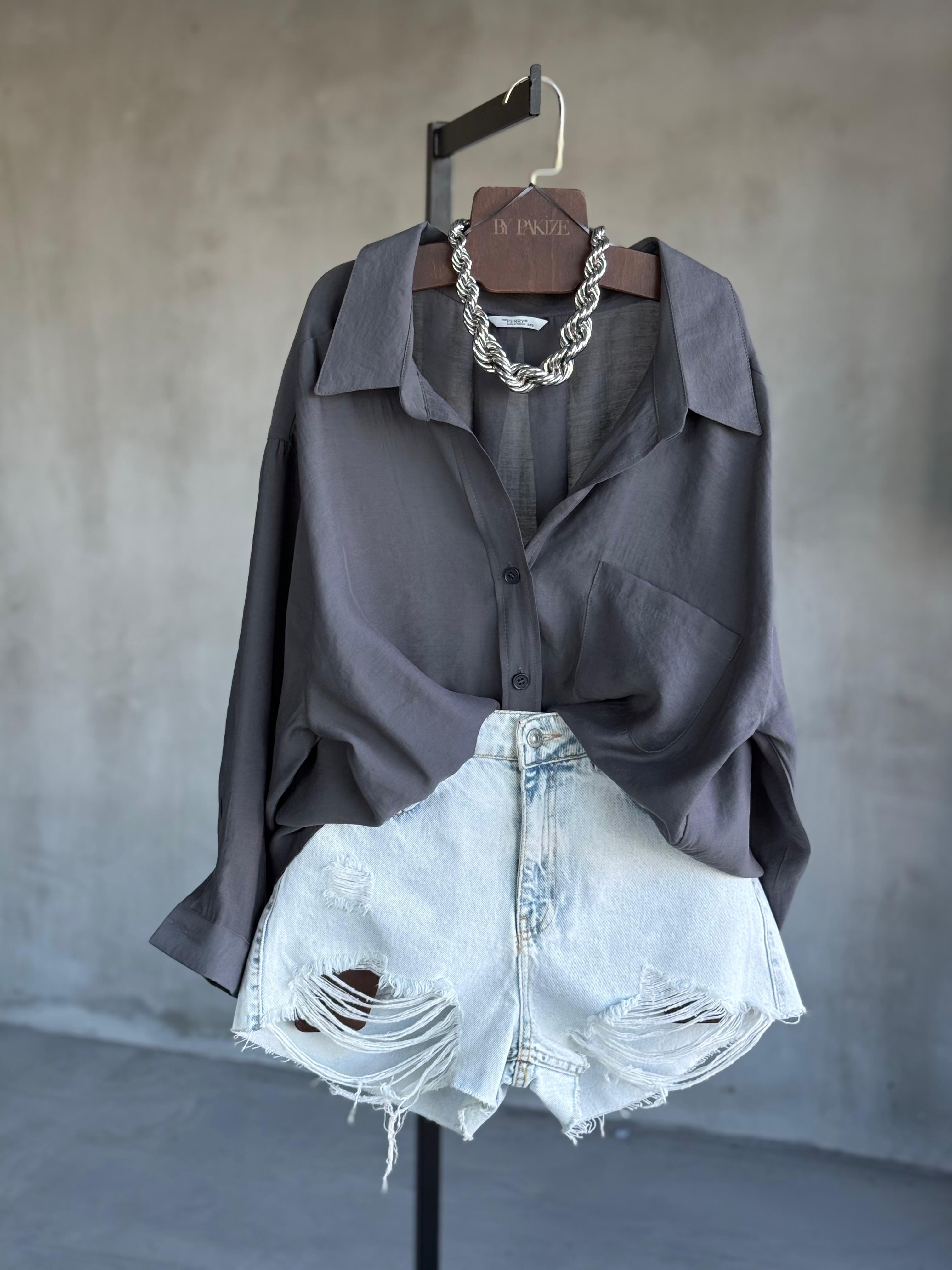 Premium Düşük Omuzlu Oversize Gömlek (Antrasit)